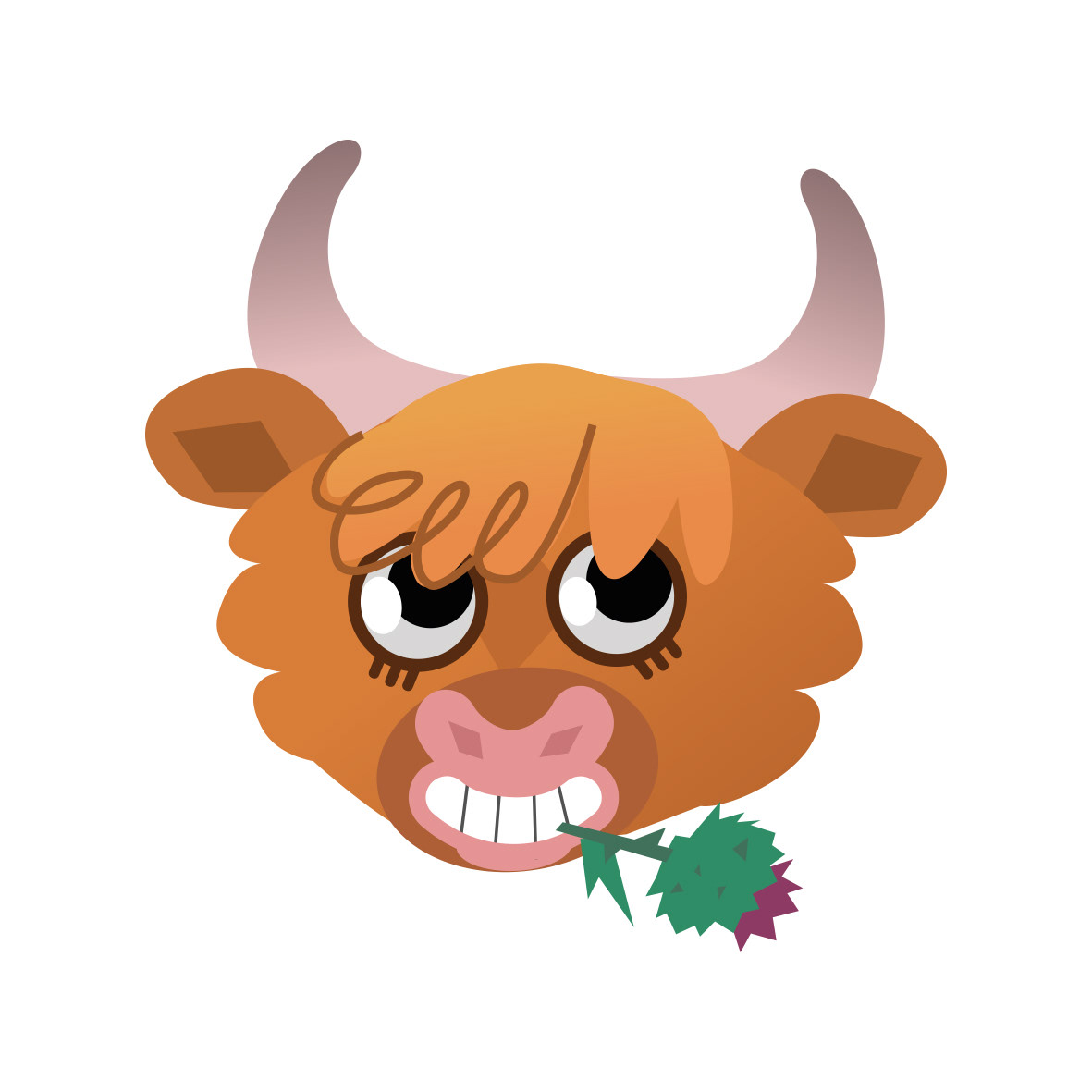 Scottish Highland cow face children's vector illustration chewing on a Scottish thistle with her eyes open.