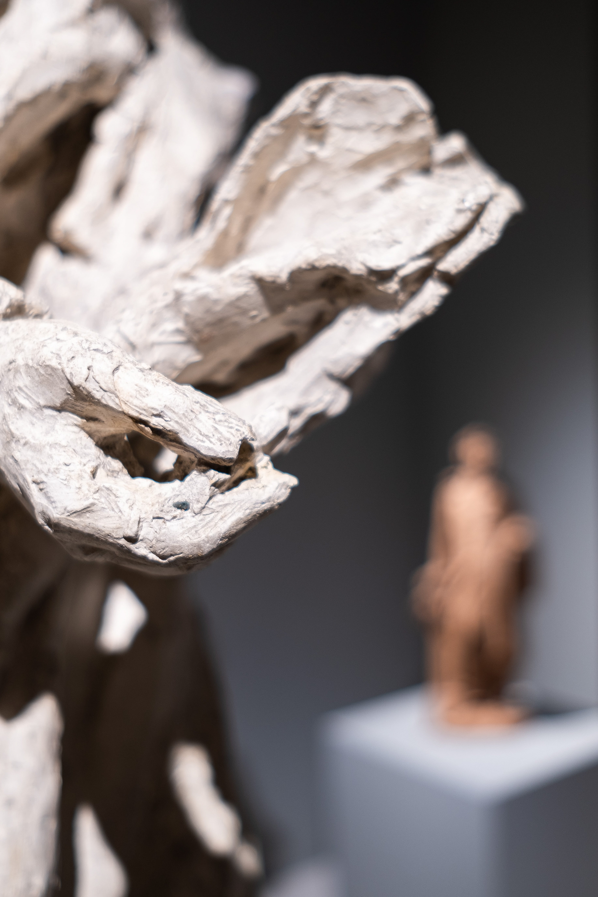 Gros plan sur les mains d'une statue de Lamartine au musée des Ursulines : Détails précis des mains de la statue, illustrant le talent des sculpteurs. Témoignage de l'héritage de Lamartine. Photographie par Etienne Gatheron, spécialiste des sites historiques.