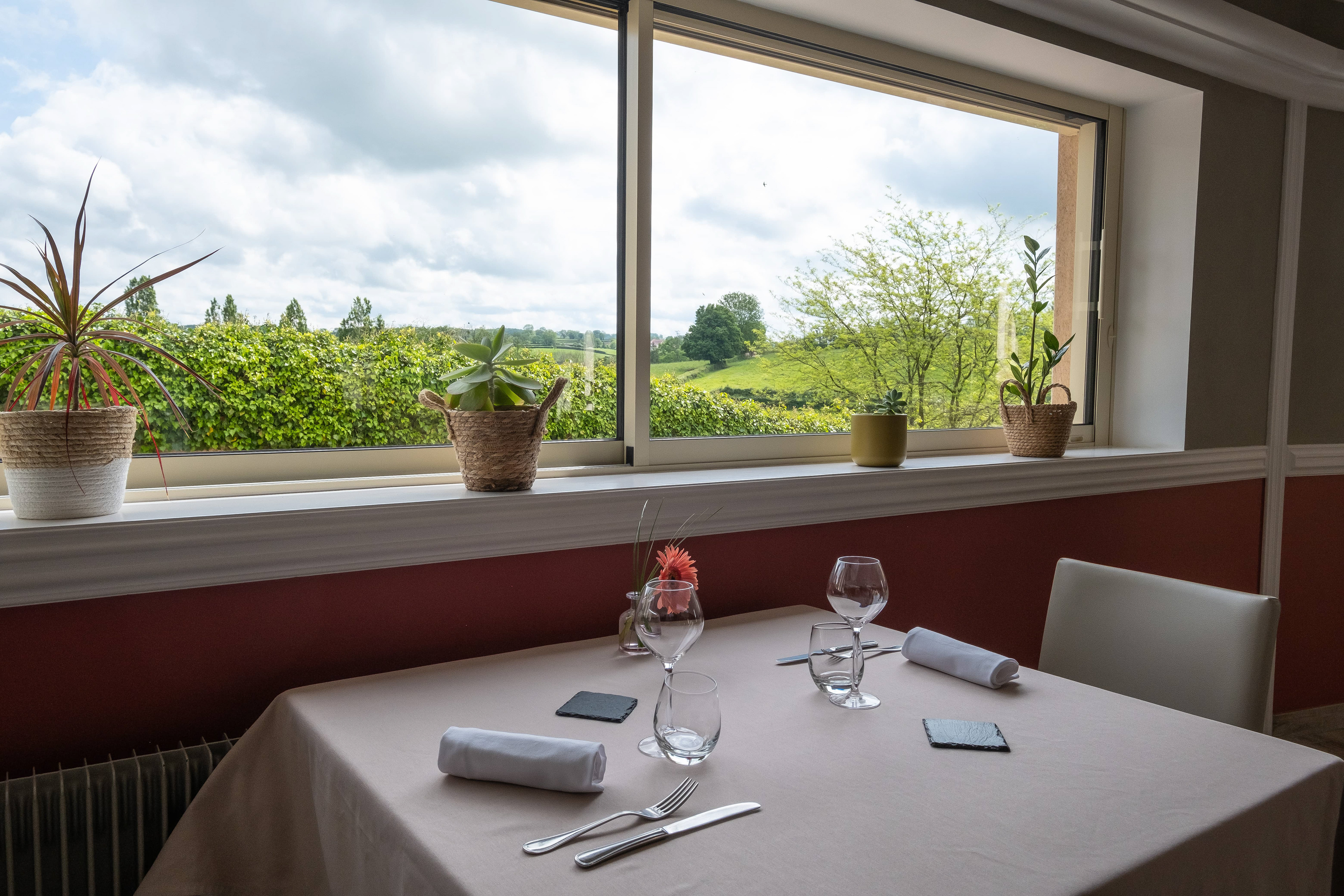 Photo immobilière de l'Auberge de Briant en Saône-et-Loire, Bourgogne, montrant une table dressée avec élégance, des verres à vin, des serviettes blanches et une fleur, dans un cadre lumineux avec vue sur des plantes en pot et un paysage verdoyant