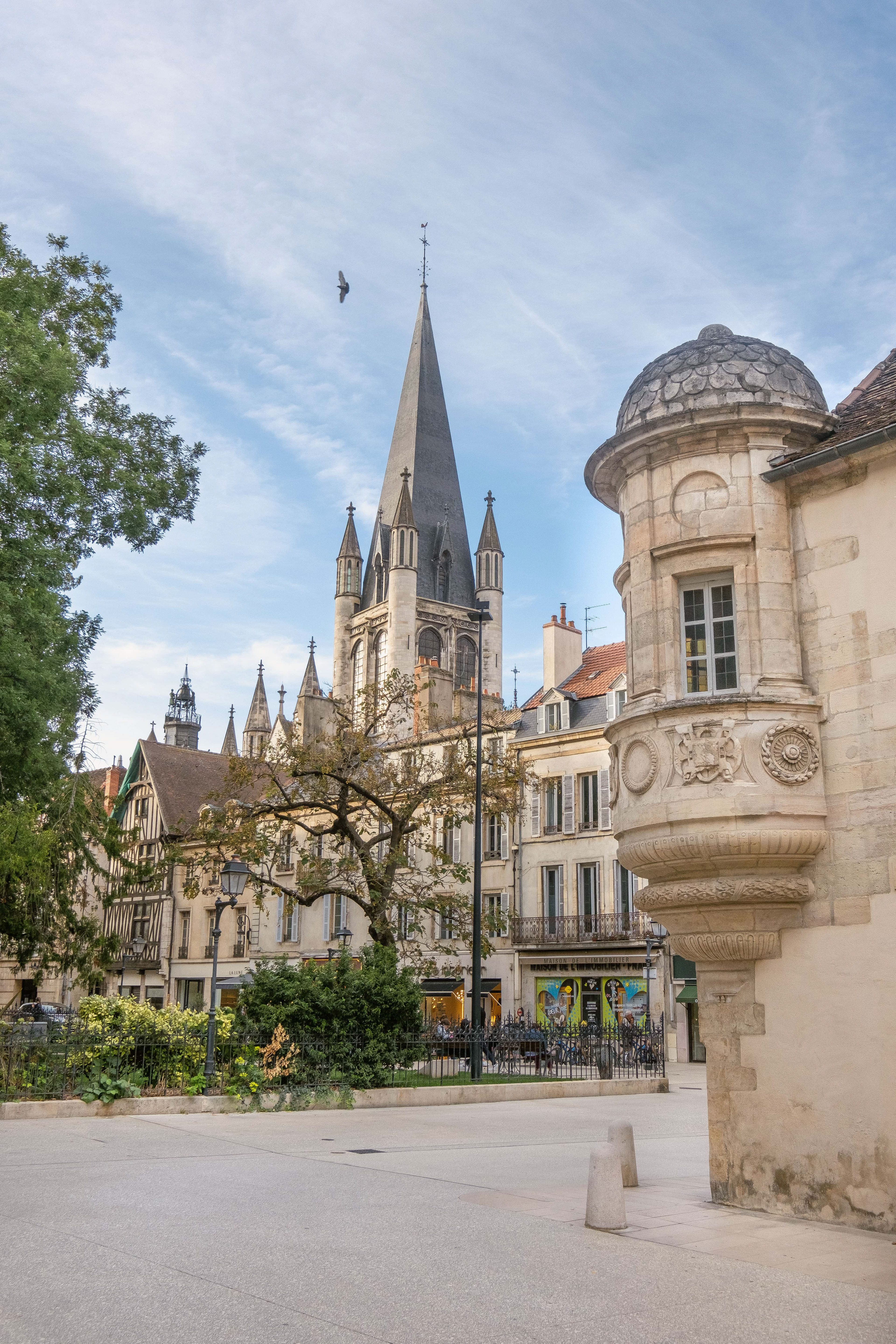 Toits historiques de Dijon avec flèche de l'église en arrière-plan sous ciel bleu clair. Charme et attrait touristique de la ville. Patrimoine architectural de Dijon. Photographie touristique par Etienne Gatheron.