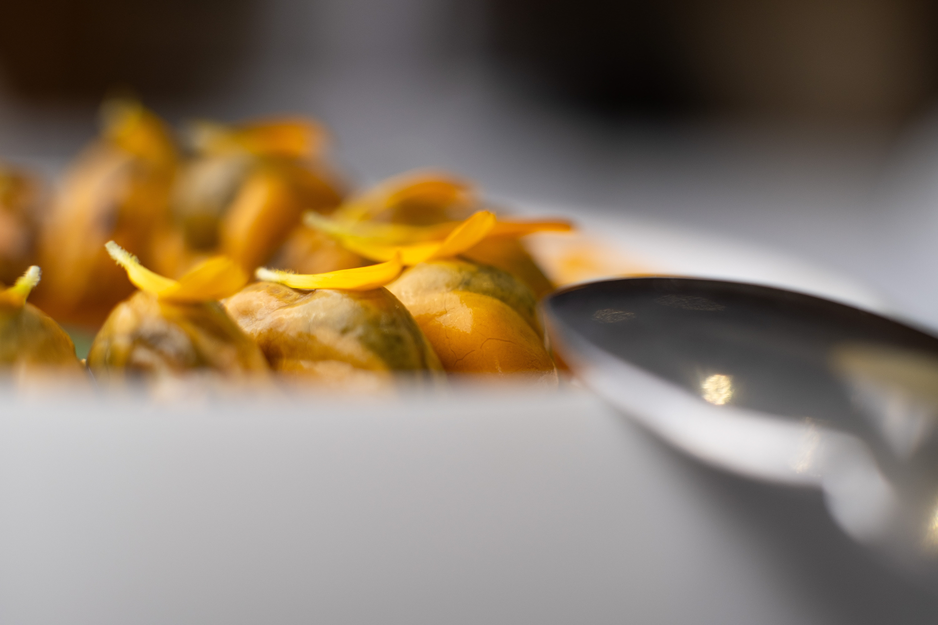 Gros plan sur un plat gastronomique préparé avec soin au restaurant L'Empreinte à Buxy, Saône-et-Loire, Bourgogne. Ce plat raffiné, orné de pétales comestibles jaunes, met en valeur la créativité et l'excellence culinaire de la région. Photographie capturée dans une cuisine professionnelle, soulignant la précision et l'attention aux détails du chef, reconnu par Gault et Millau.