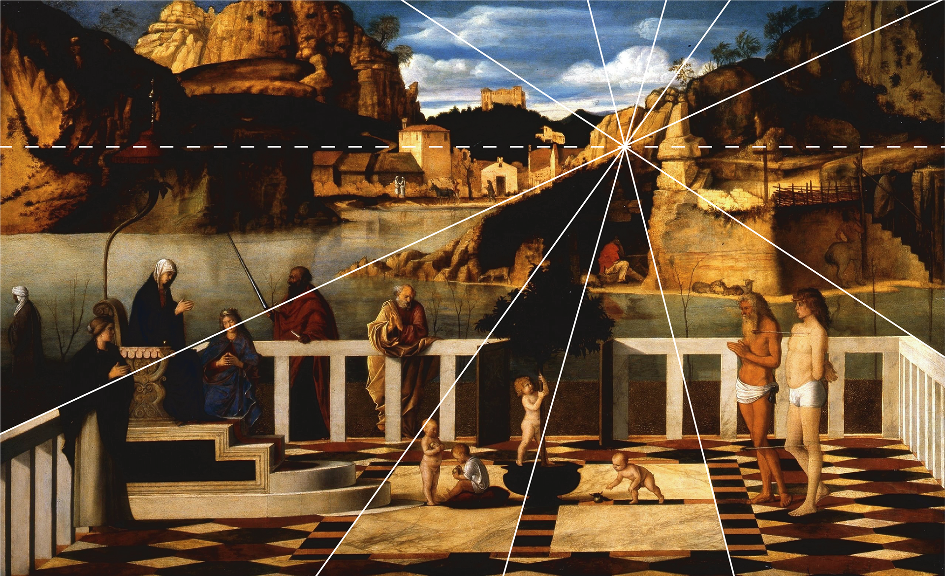 Figure 2 – Example of the lines of perspective leading to a single vanishing point in 'Sacred Allegory'