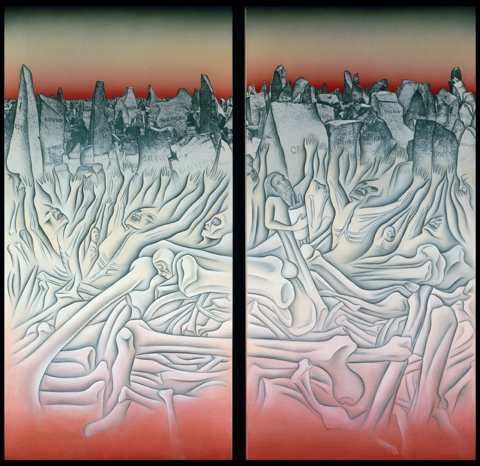 Figure 4 - Chicago, Judy. Bones of Treblinka, from Holocaust Project. 1988. New York. Sprayed acrylic, oil, and photography on photolinen, screen printing and fabric on photolinen, 48.5 x 50.5 inches. Image courtesy of the artist via judychicago.com.
