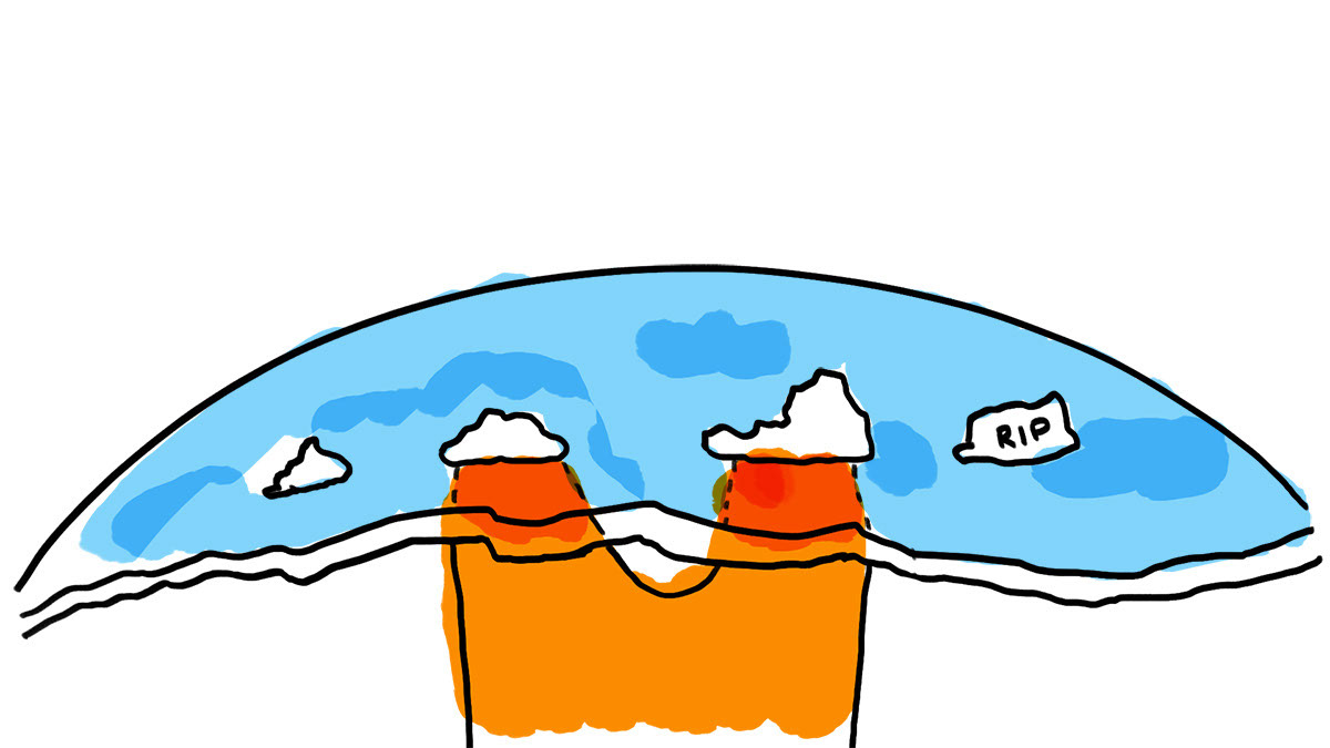 This whiteboard drawing shows how a volcano dies after it moves off of the mantle plume, and how new islands form as the crust moves.