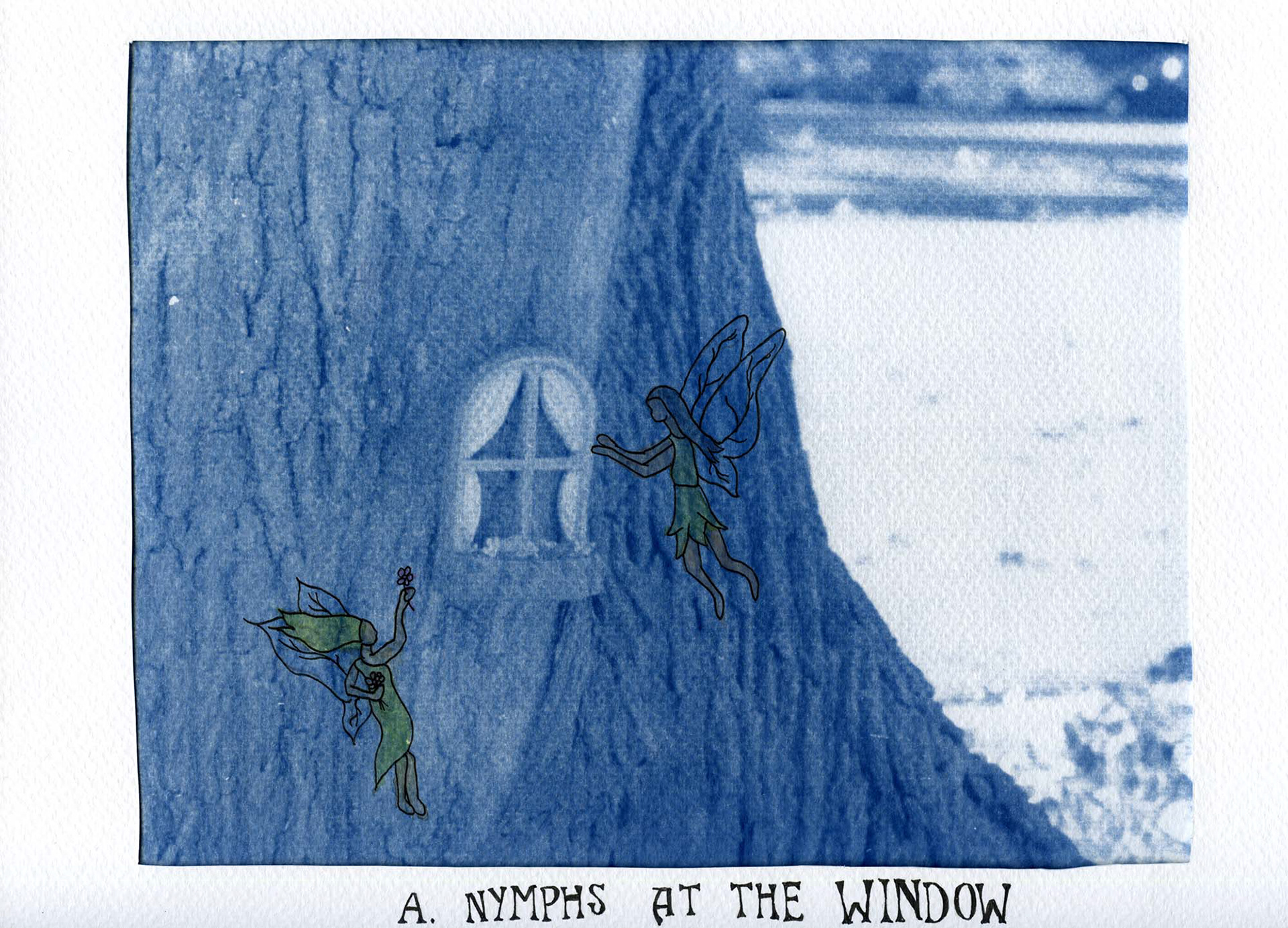 A. Nymphs at the Window (Cyanotype Print from Digital Negative on Watercolor Paper, 2021)