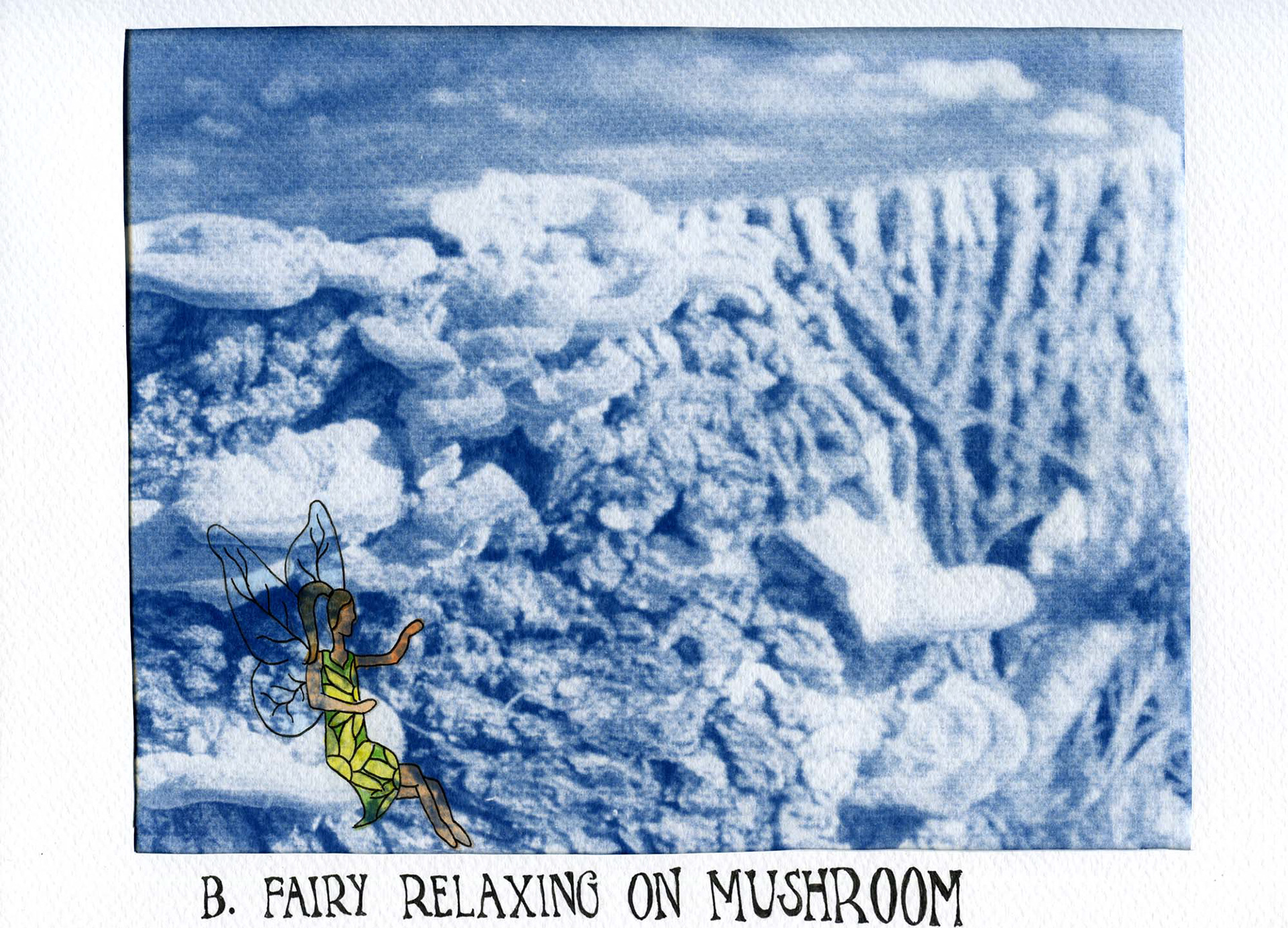 B. Fairy Relaxing on Mushroom (Cyanotype Print from Digital Negative on Watercolor Paper, 2021)