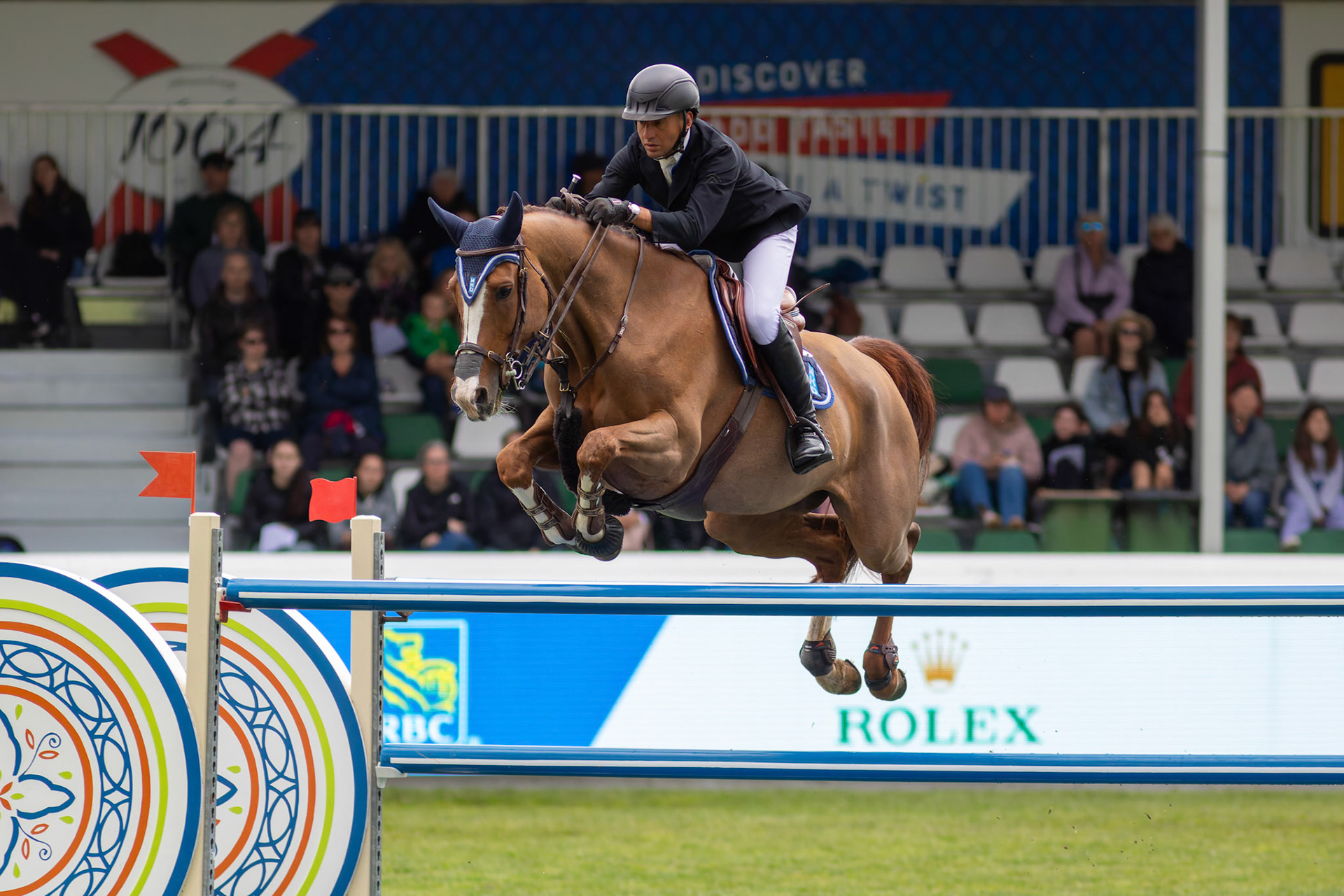 Sameh El Dahan of Great Britain rides WKD Aimez Moi in the 445 – RBC Grand Prix of Canada, presented by Rolex – 1.60m event at the International Ring in Spruce Meadows, SW Calgary, on Saturday, June 15, 2024. Spruce Meadows is renowned for hosting top-tier equestrian competitions, such as the 'National' tournament, held from June 12 to 16, 2024. (Photo by Armaan Khanna/SAIT)