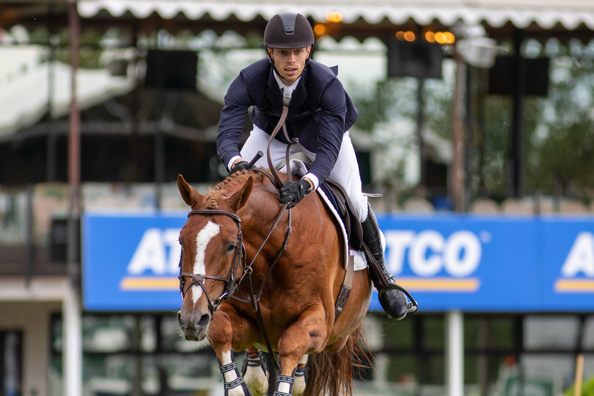 Alex Matz of the USA competes on Ikigai in the 445 – RBC Grand Prix of Canada, presented by Rolex – 1.60m event at the International Ring in Spruce Meadows, SW Calgary, on Saturday, June 15, 2024. Spruce Meadows is renowned for hosting top-tier equestrian competitions, such as the 'National' tournament, held from June 12 to 16, 2024. (Photo by Armaan Khanna/SAIT)