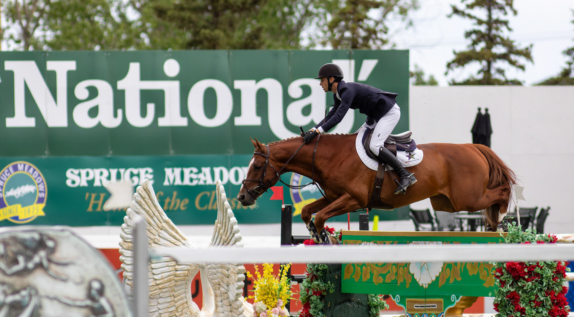 Alex Matz of the USA competes on Ikigai in the 445 – RBC Grand Prix of Canada, presented by Rolex – 1.60m event at the International Ring in Spruce Meadows, SW Calgary, on Saturday, June 15, 2024. Spruce Meadows is renowned for hosting top-tier equestrian competitions, such as the 'National' tournament, held from June 12 to 16, 2024. (Photo by Armaan Khanna/SAIT)