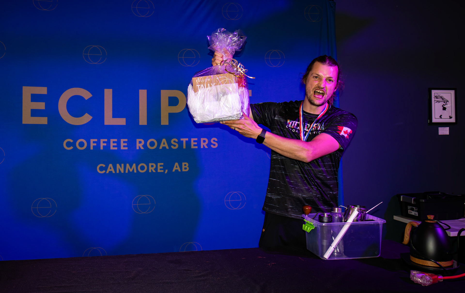 Dylan Morris celebrates his victory at the Canadian Aeropress Championship regional qualifier at Eclipse Coffee Roasters Canmore on Saturday (July 13). ARMAAN KHANNA RMO PHOTO
