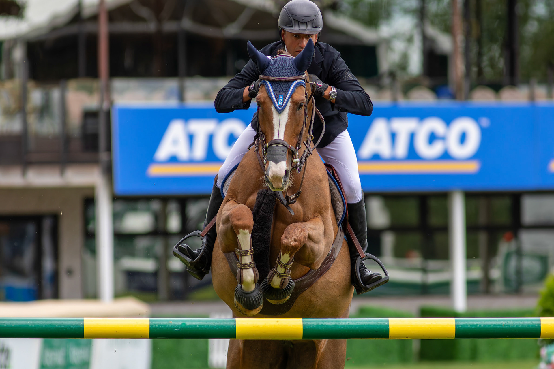 Sameh El Dahan of Great Britain rides WKD Aimez Moi in the 445 – RBC Grand Prix of Canada, presented by Rolex – 1.60m event at the International Ring in Spruce Meadows, SW Calgary, on Saturday, June 15, 2024. Spruce Meadows is renowned for hosting top-tier equestrian competitions, such as the 'National' tournament, held from June 12 to 16, 2024. (Photo by Armaan Khanna/SAIT)