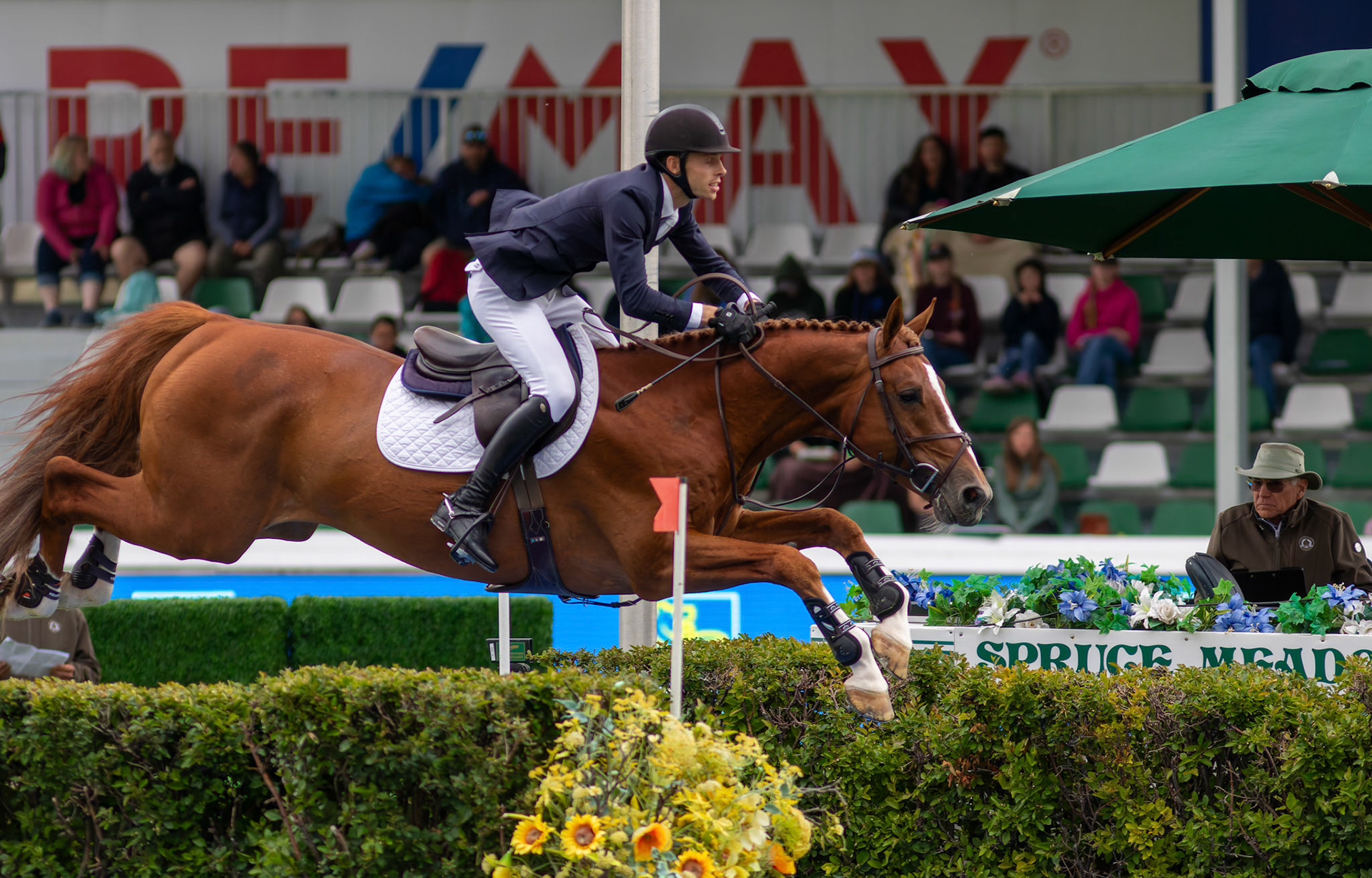 Alex Matz of the USA competes on Ikigai in the 445 – RBC Grand Prix of Canada, presented by Rolex – 1.60m event at the International Ring in Spruce Meadows, SW Calgary, on Saturday, June 15, 2024. Spruce Meadows is renowned for hosting top-tier equestrian competitions, such as the 'National' tournament, held from June 12 to 16, 2024. (Photo by Armaan Khanna/SAIT)