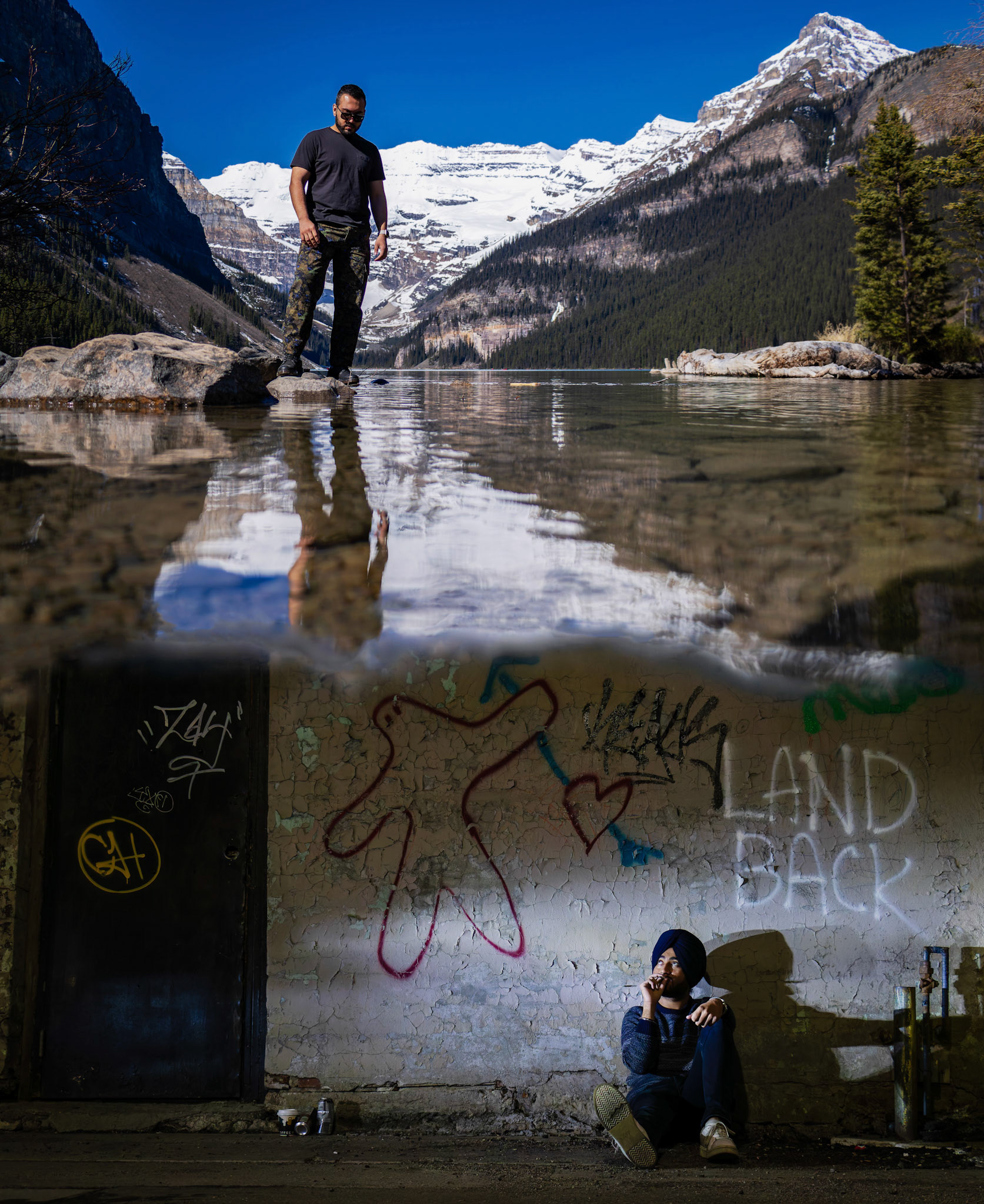 This picture of Arjun Panjmana (top) and Harmandeep Singh Rathore (bottom) shows a creative illustration of Healthy vs. Unhealthy Lifestyle for Rocky Mountain Outlook. Arjun enjoys the calm and health benefits of nature at Lake Louise. In contrast, Harmandeep faces the tough realities of urban life in a downtown back alley. This photo powerfully depicts the choices that affect our well-being. (Photo by Armaan Khanna/SAIT)