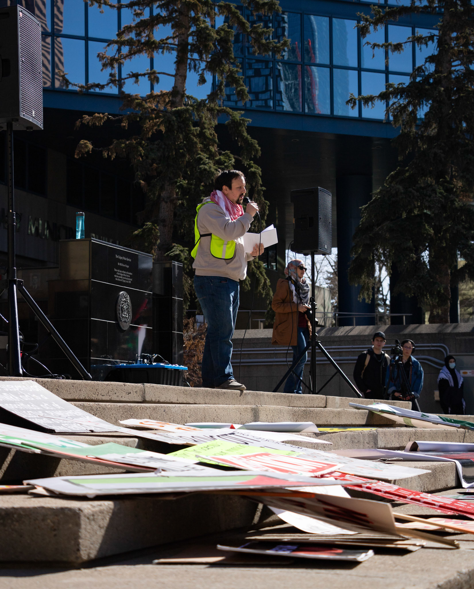 People participate in the Pro-Pelastine protest which took place outside of the City Hall, Calgary on Sunday, March 17, 2024. The group “Justice for Palestine” is holding an organized and peaceful protest frequently in Calgary downtown to express their angriness and show their solidarity with Palestine. (Photo by Armaan Khanna/The Press)