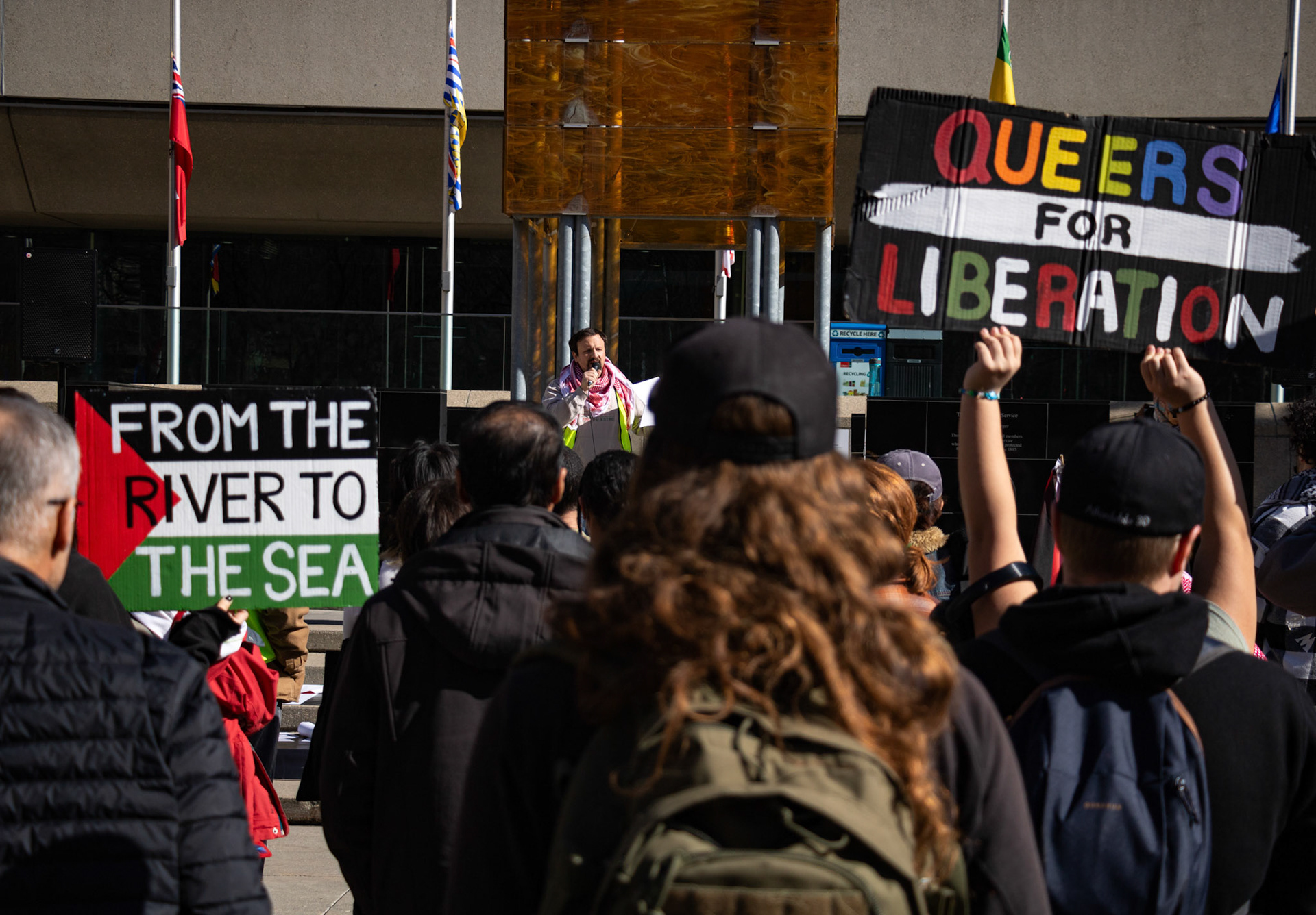 People participate in the Pro-Pelastine protest which took place outside of the City Hall, Calgary on Sunday, March 17, 2024. The group “Justice for Palestine” is holding an organized and peaceful protest frequently in Calgary downtown to express their angriness and show their solidarity with Palestine. (Photo by Armaan Khanna/The Press)