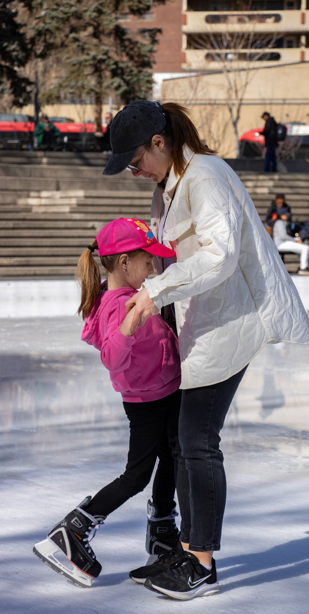 People are happy to skate on the ice at the Olympic Oval in downtown Calgary on Sunday, March 17, 2024. Even though it's 17 degrees outside, everyone's having a great time ice skating in the warmth, making the experience extra special. (Photo by Armaan Khanna/The Press)