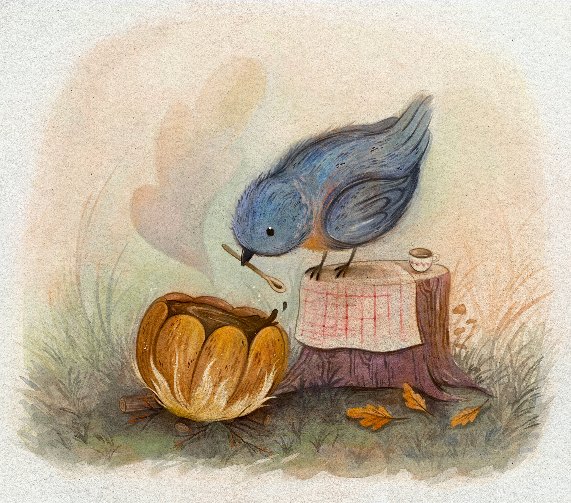 Pumpkin Coffee ; Watercolor, Colored Pencil, Digital Touchup 2024