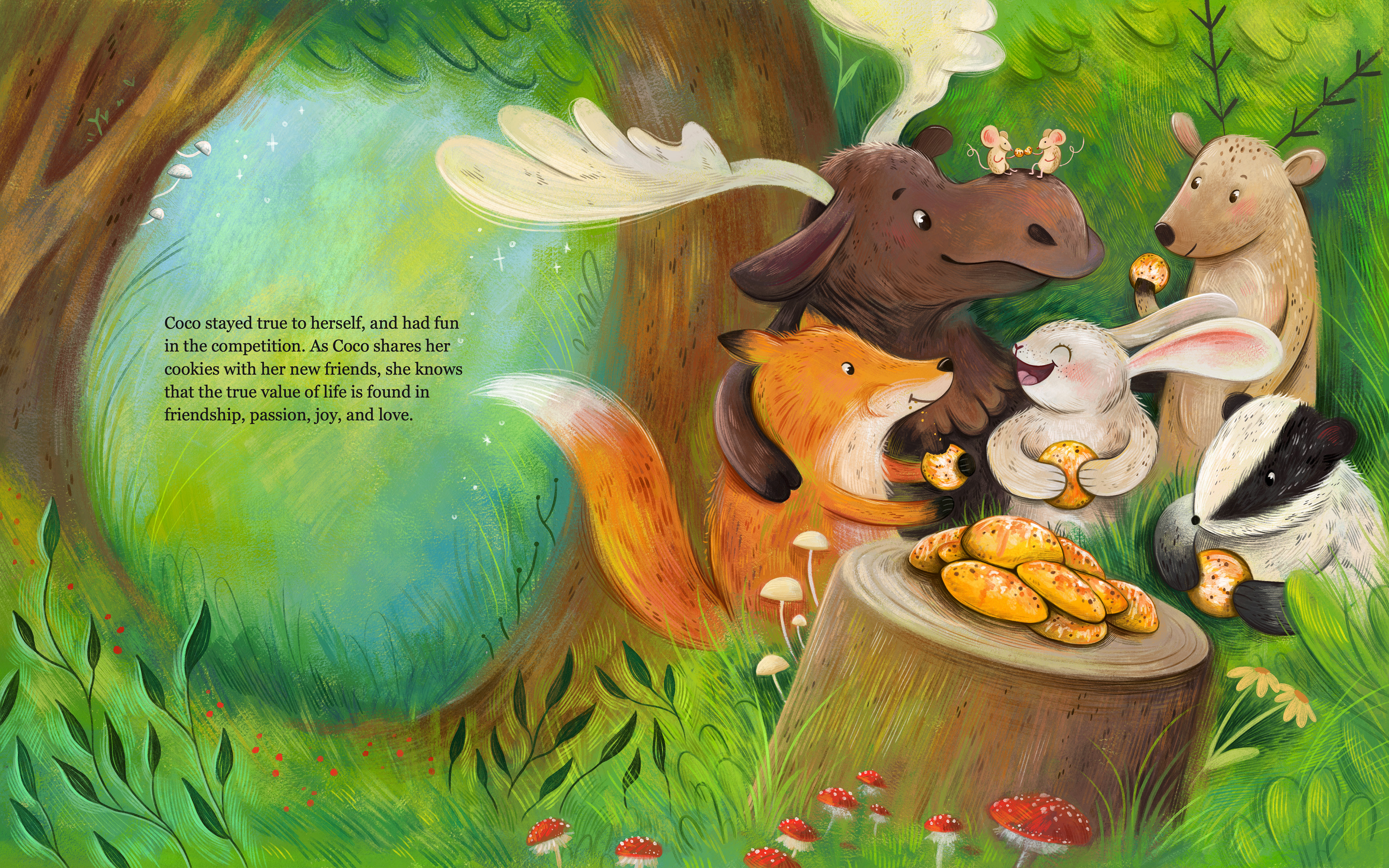 Coco and the Cookie Competition Final Spread ; Gouache & Procreate 2024