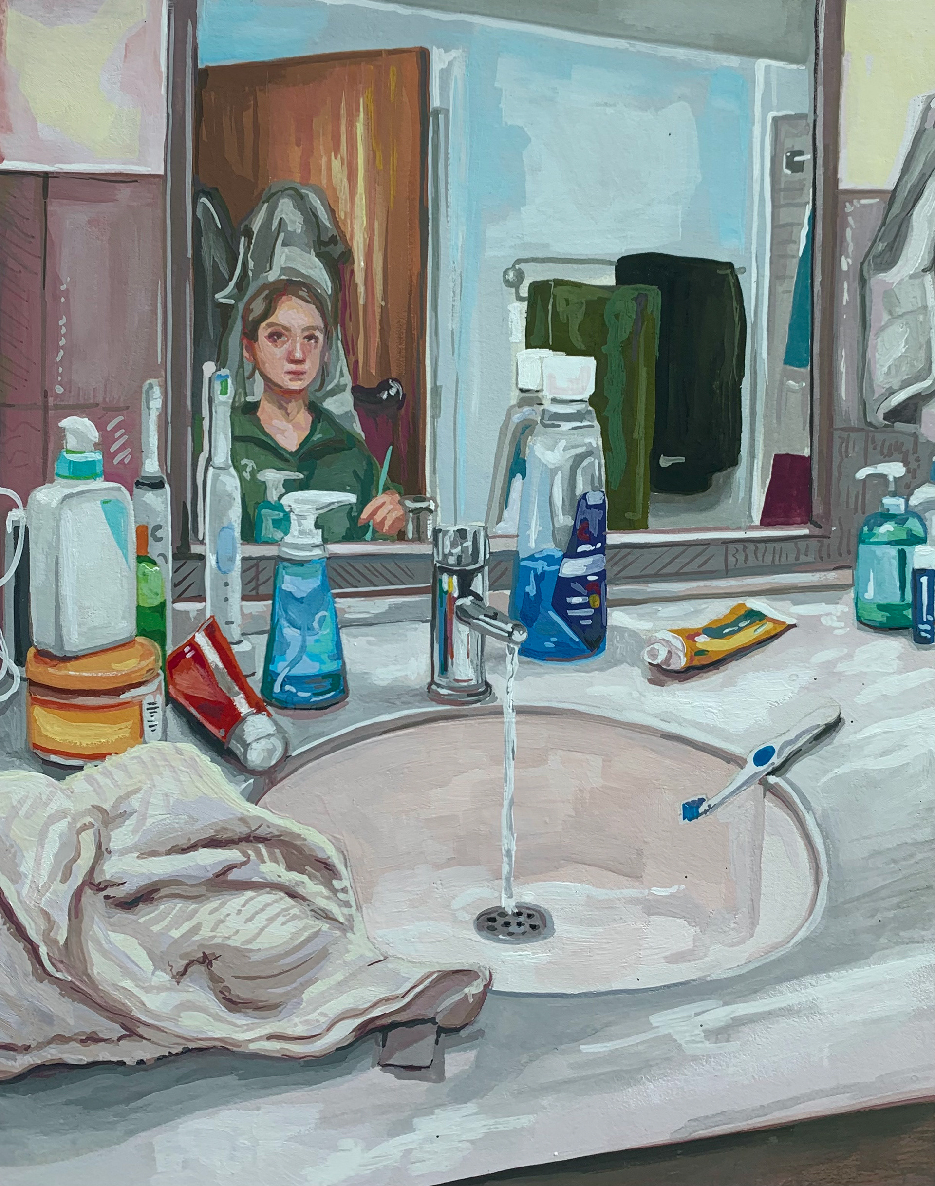 Bathroom Self Portrait ; 8.5" x 11" Gouache