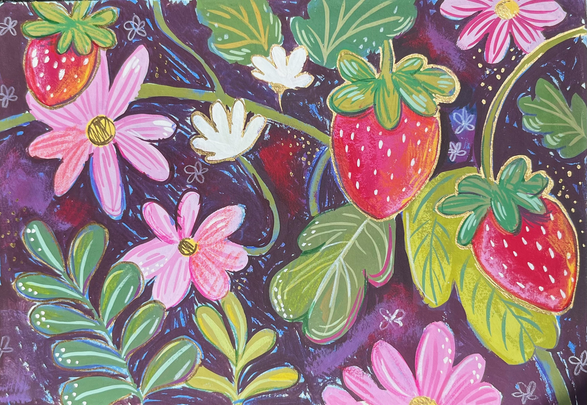 Silly Strawberry Scribble ; Gouache, Ink