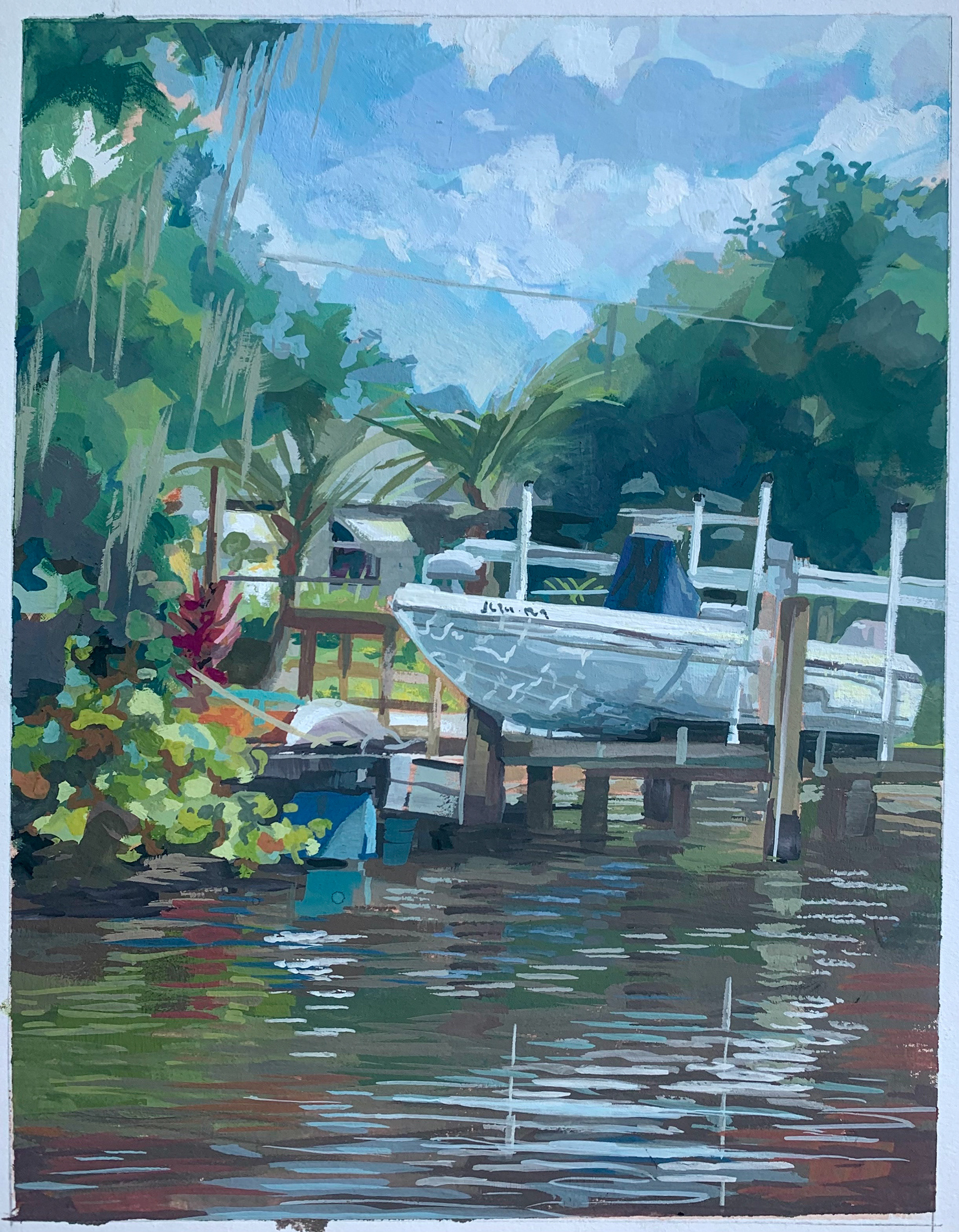 Boat on the Bayou ; 8" x 10" Gouache