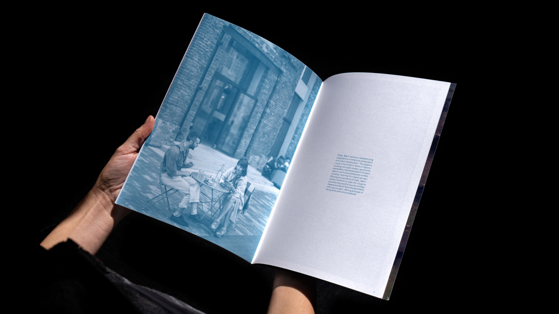 The original image was first made grayscale and color was then added within InDesign, keeping with the blue aesthetic.