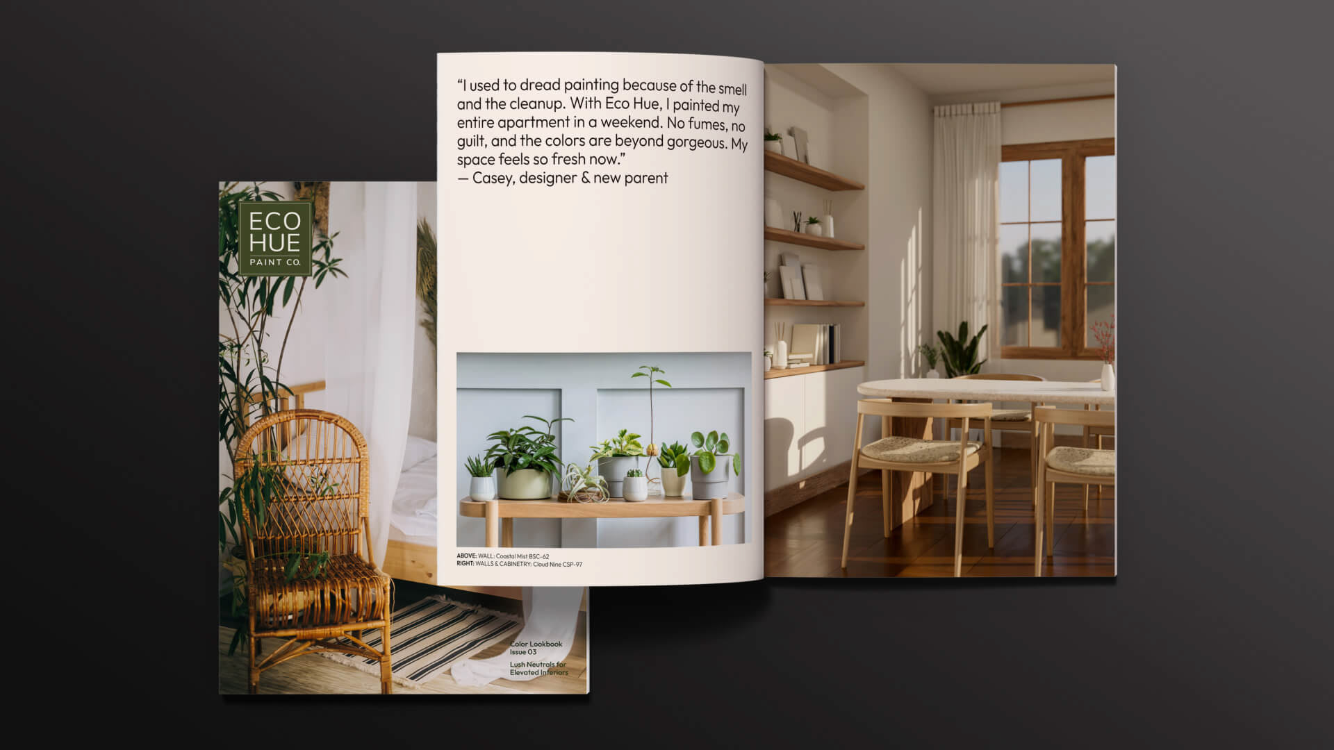 Images with natural woods and plant life worked nicely with the organic concept. The visual language within these pages are designed toward the brand's stylish and eco-conscious audience.