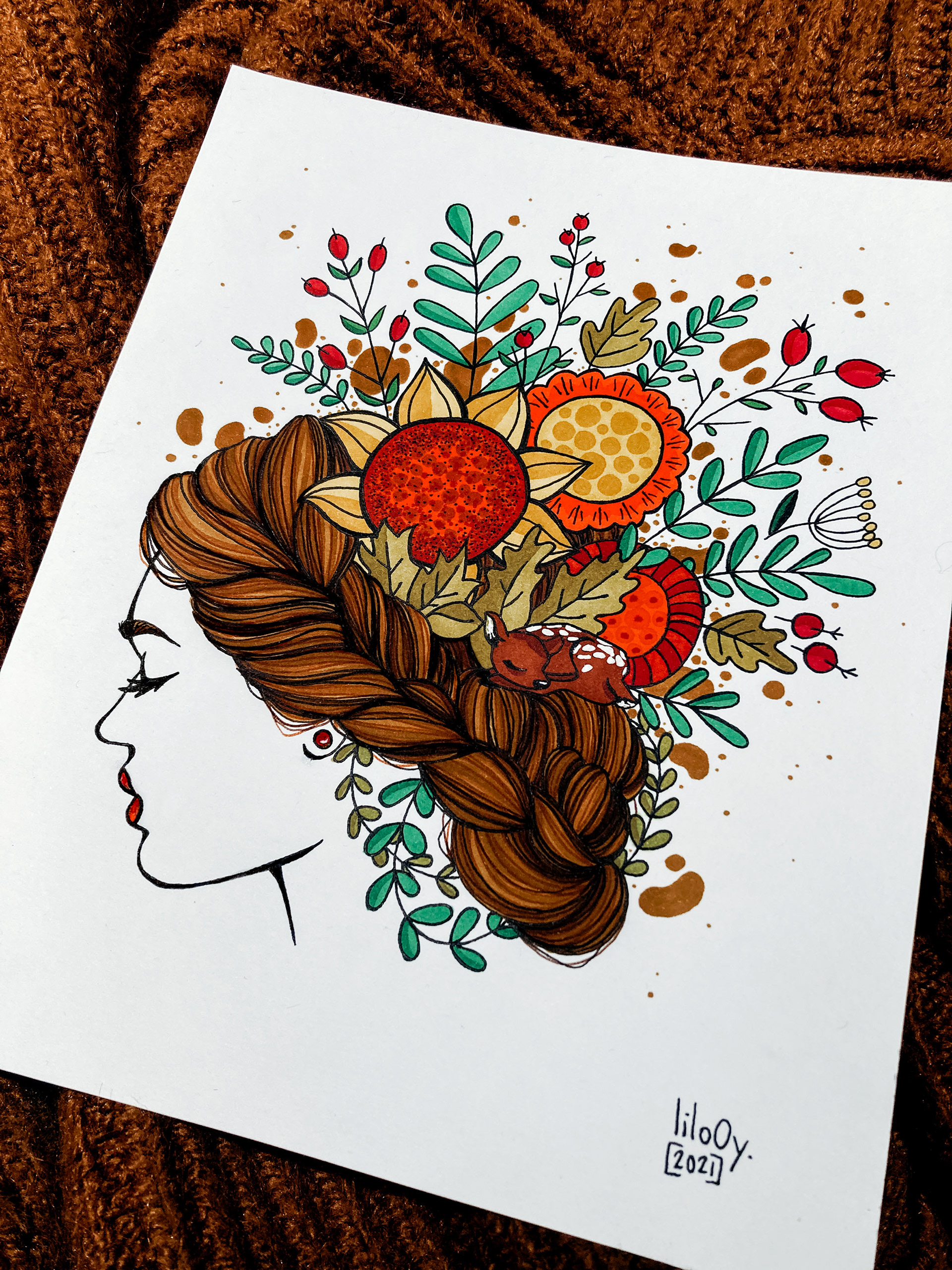 Madame Autumn • Illustration à la main en technique mixte