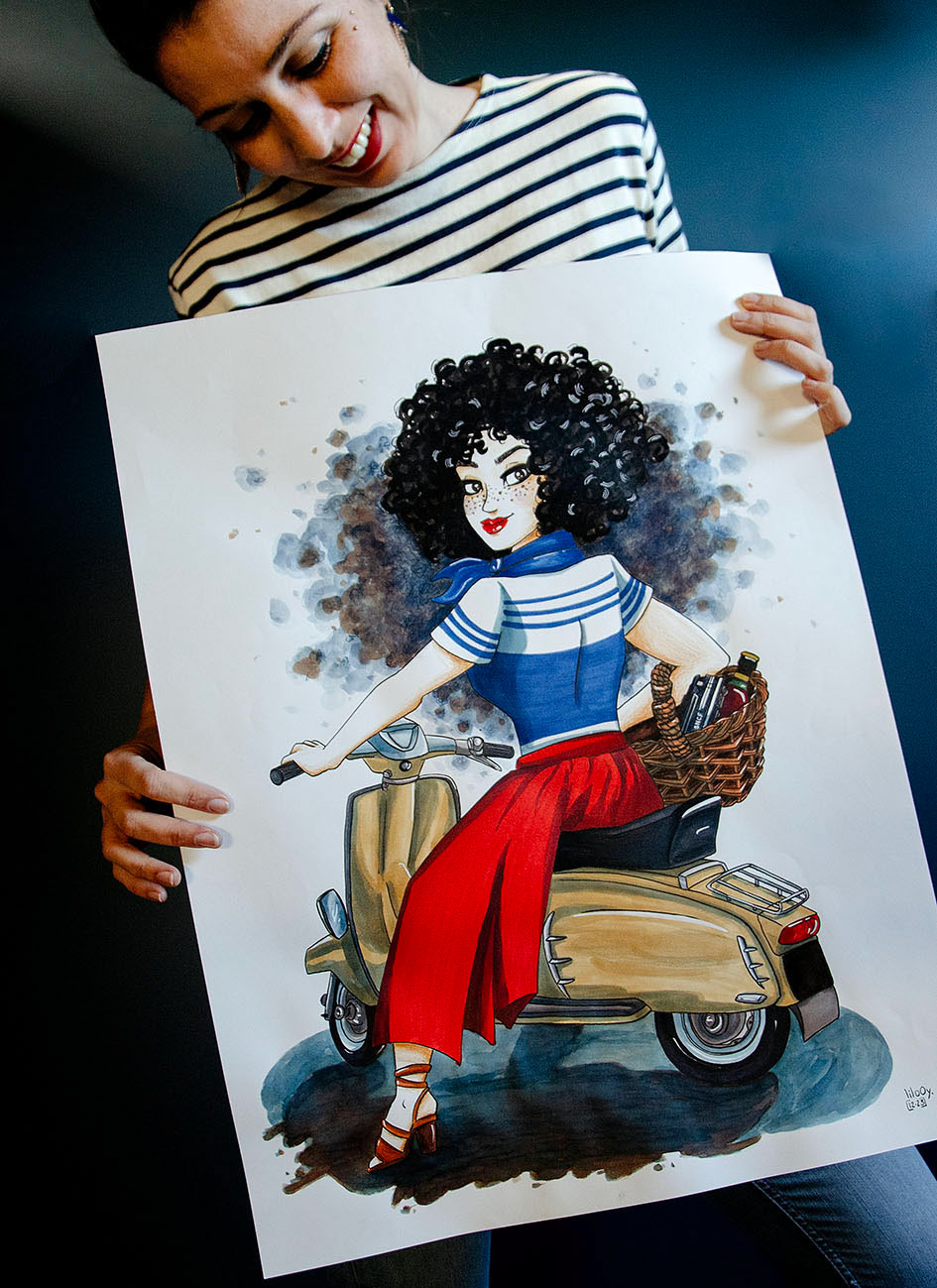 Madame Lambretta • Commande particulier personnalisée • Illustration à la main en technique mixte