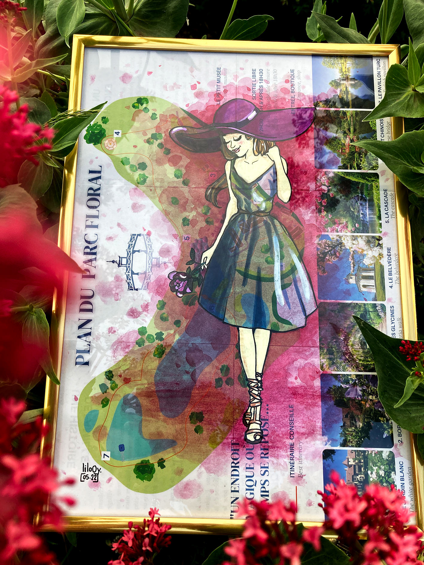 Madame Garden • Illustration à la main en technique mixte sur plan du parc floral d'Apremont
