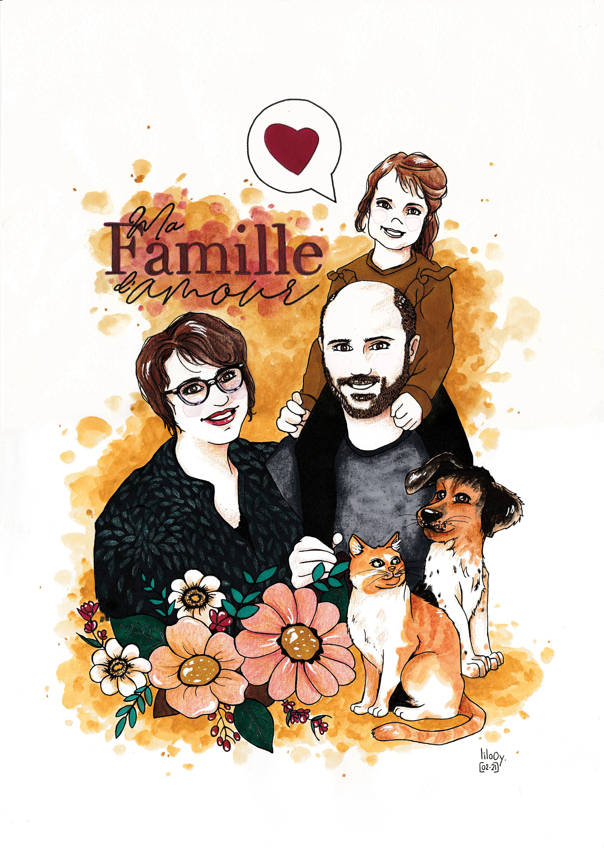 Ma Famille d'amour • Commande particulier personnalisée • Illustration à la main en technique mixte