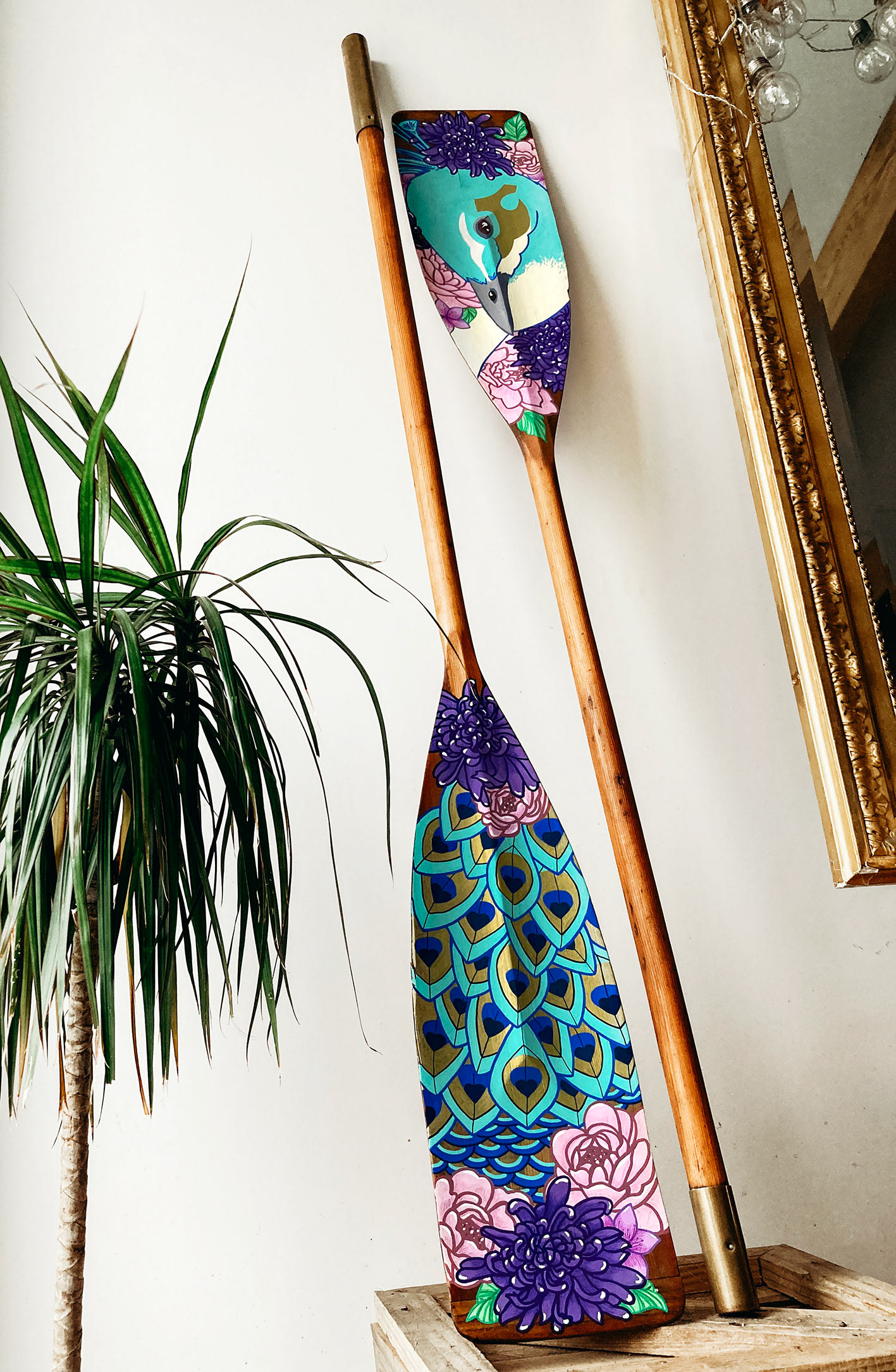 Paon & Fleurs • Commande particulier personnalisée • Illustration à la main sur rames en bois