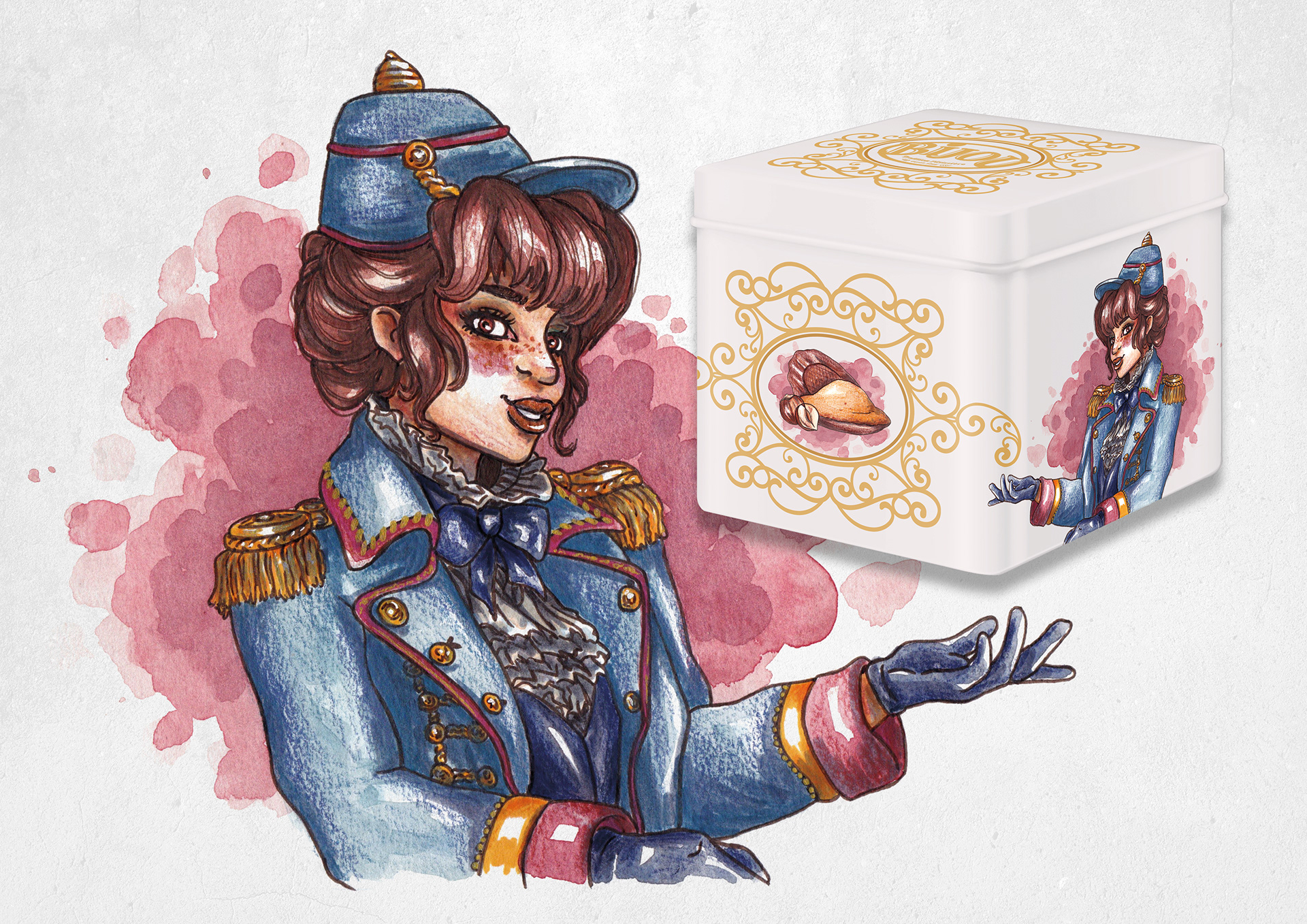 Madame Casse-Noisette • Commande professionnelle fictive • Visuel de Noël pour le coffret madeleines écrin de la marque Bijou, Tradition pâtissière.