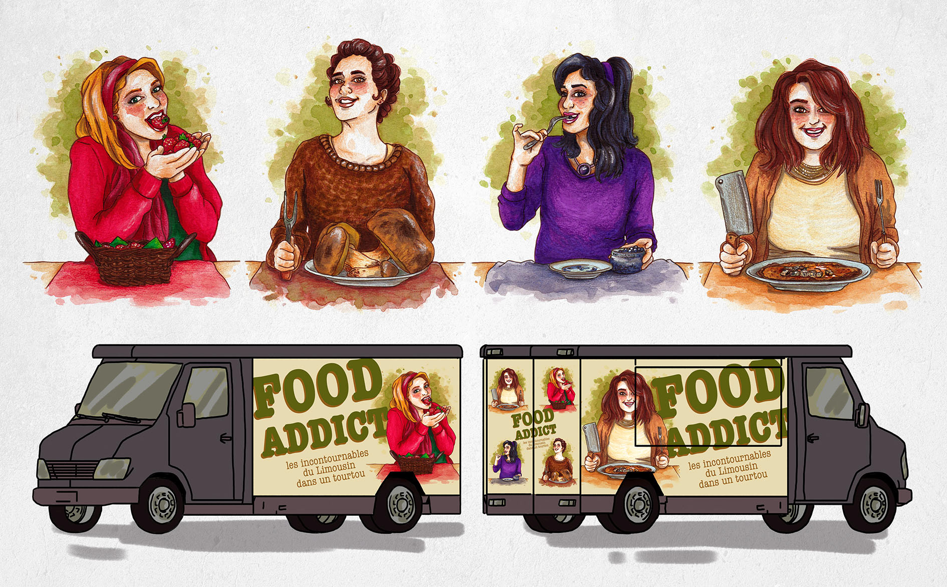Food Addict • Commande professionnelle fictive • Création de la communication graphique pour un futur food-truck de tourtou qui circulera dans tout le Limousin.