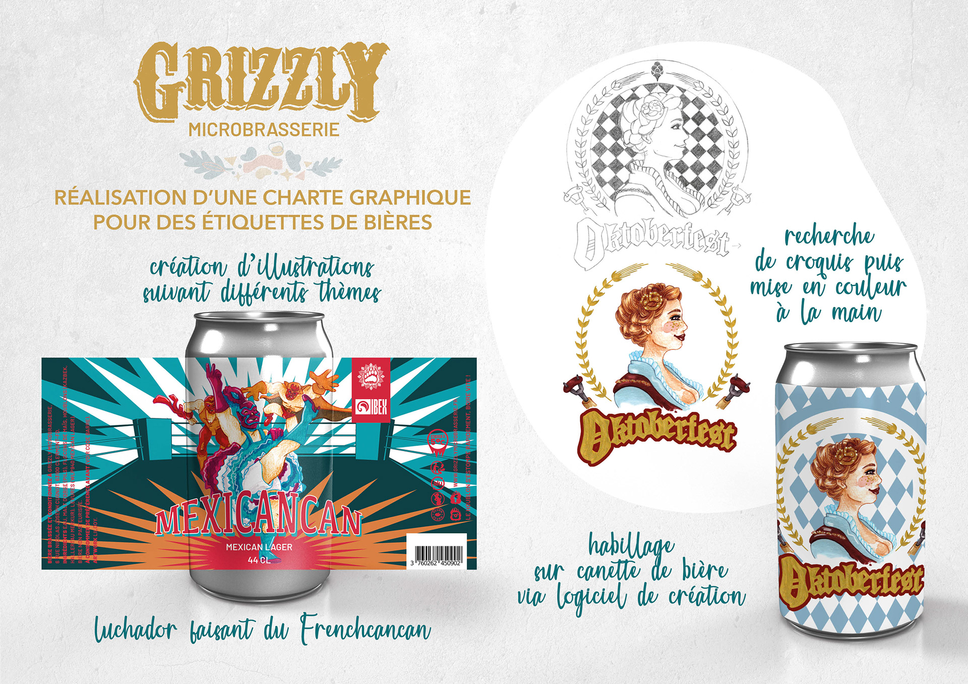 Grizzly microbrasserie • Réalisation d'une charte graphique pour des étiquettes de bières.