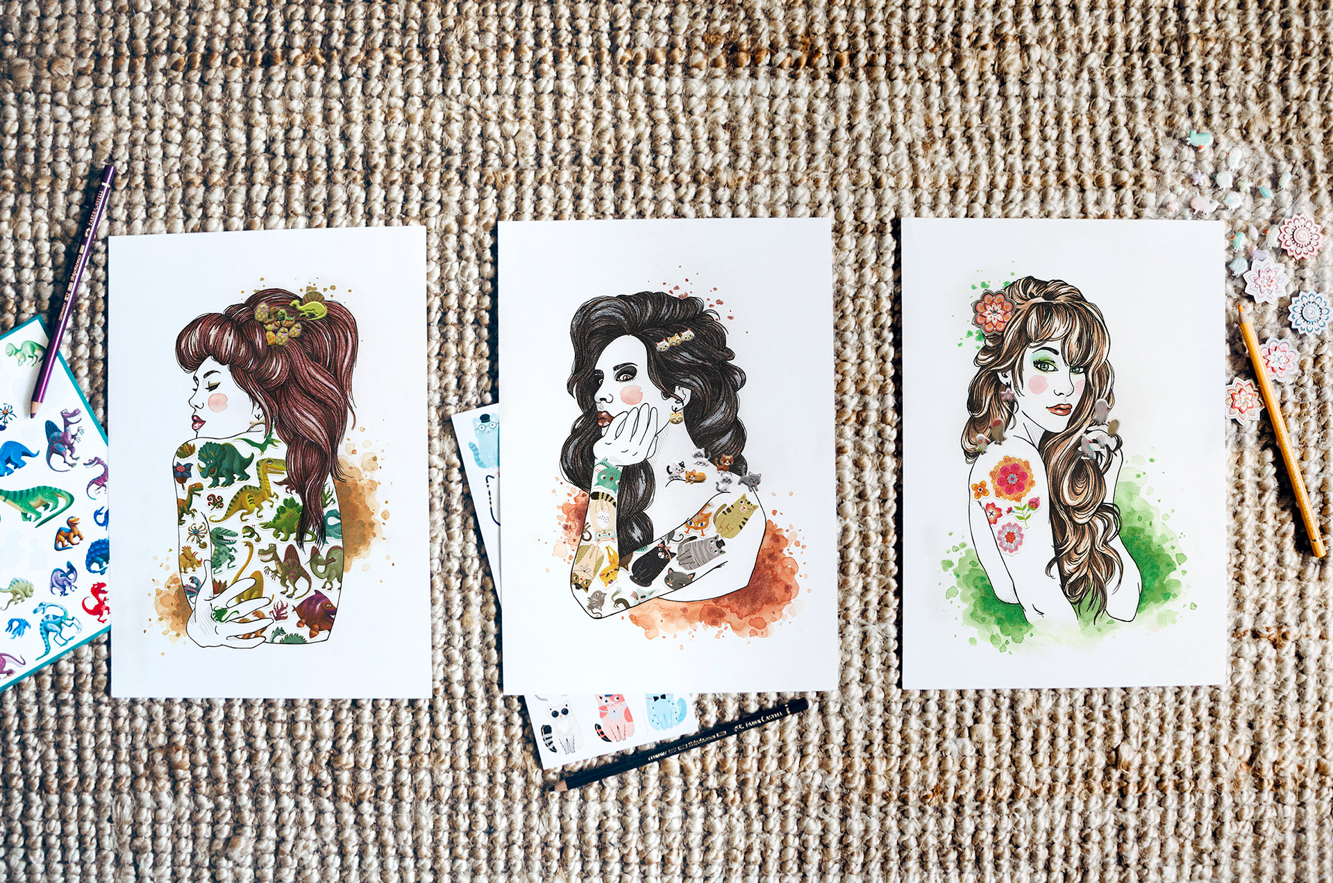 Madame Stickers Dino, Madame Stickers Chat, Madame Stickers Printemps • Illustrations à la main en technique mixte