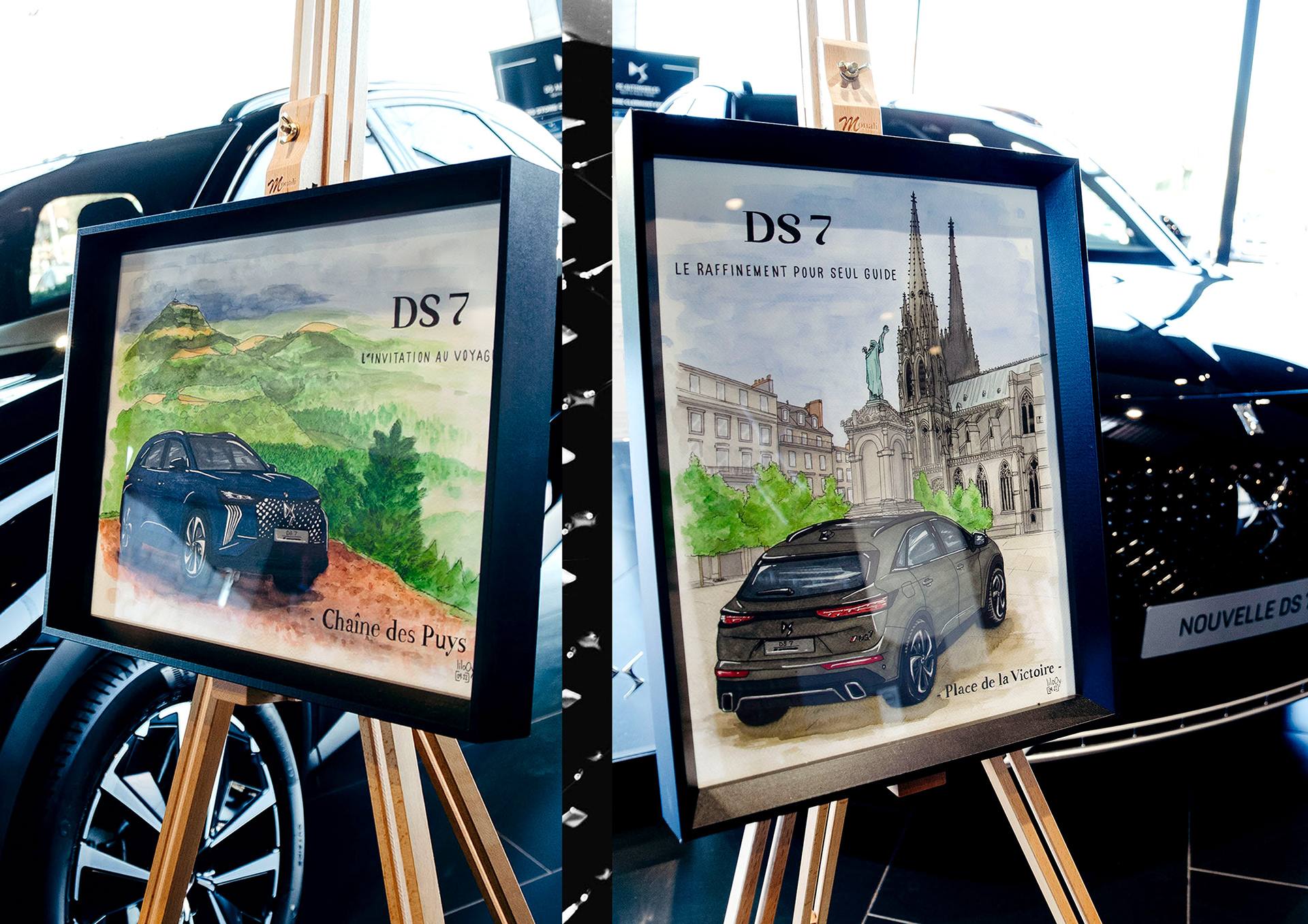 Lancement de la DS7 "Carnet de voyage" • Commande professionnelle par DS Store Oppidum Automobiles Clermont-Ferrand • Mise en situation des véhicules dans les paysages auvergnats • Illustrations à la main en technique mixte