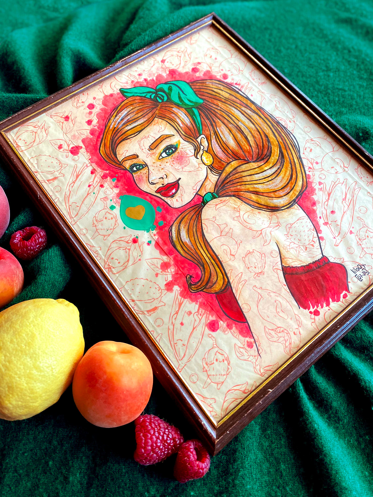 Madame Fruits • Illustration à la main en technique mixte sur papier de soie