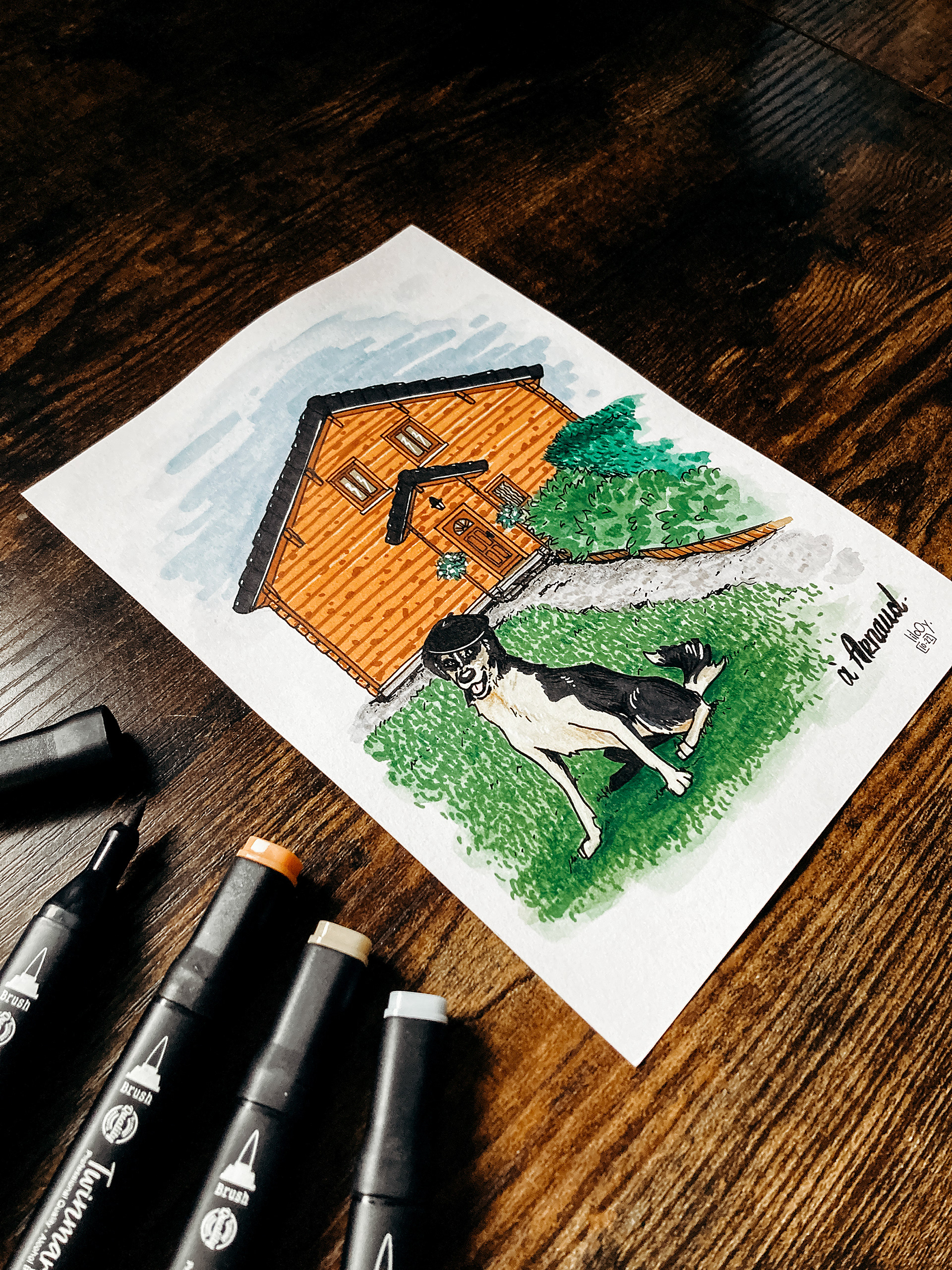 Carte hommage • Commande particulier personnalisée • Illustration à la main en technique mixte