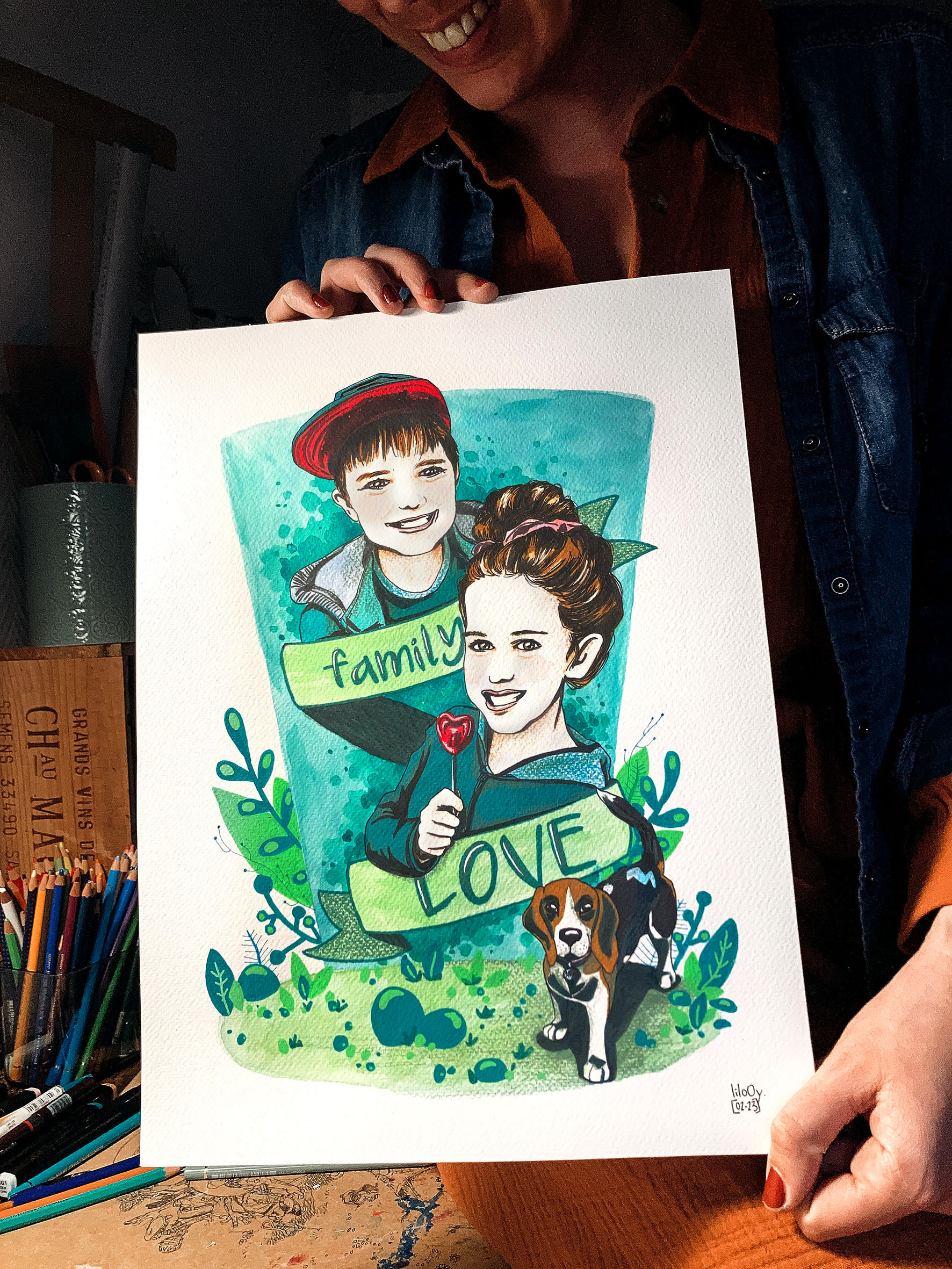 Family Love • Commande particulier personnalisée • Illustration à la main en technique mixte