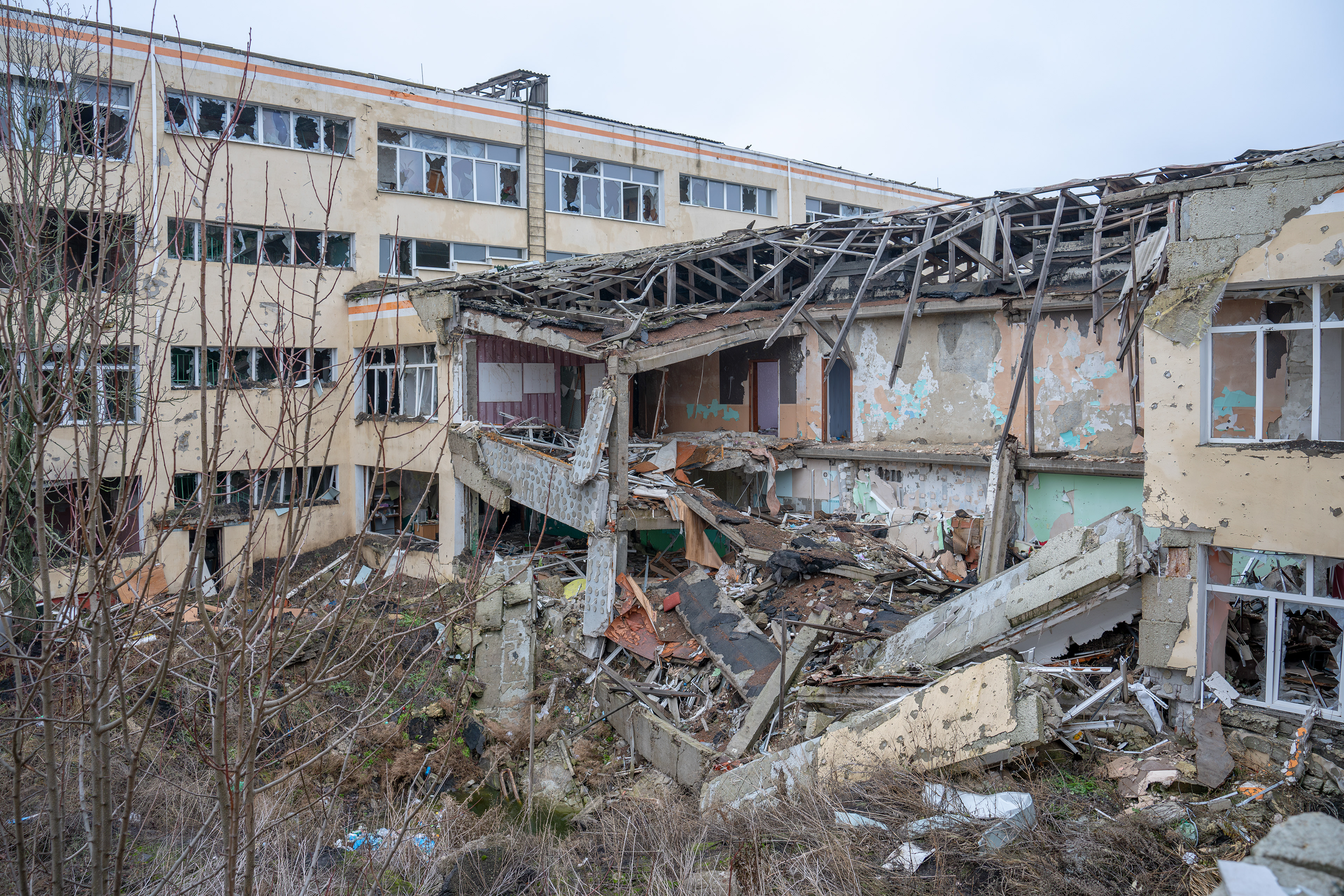 School from outside after the bombing - Slatyne, Kharkiv Oblast