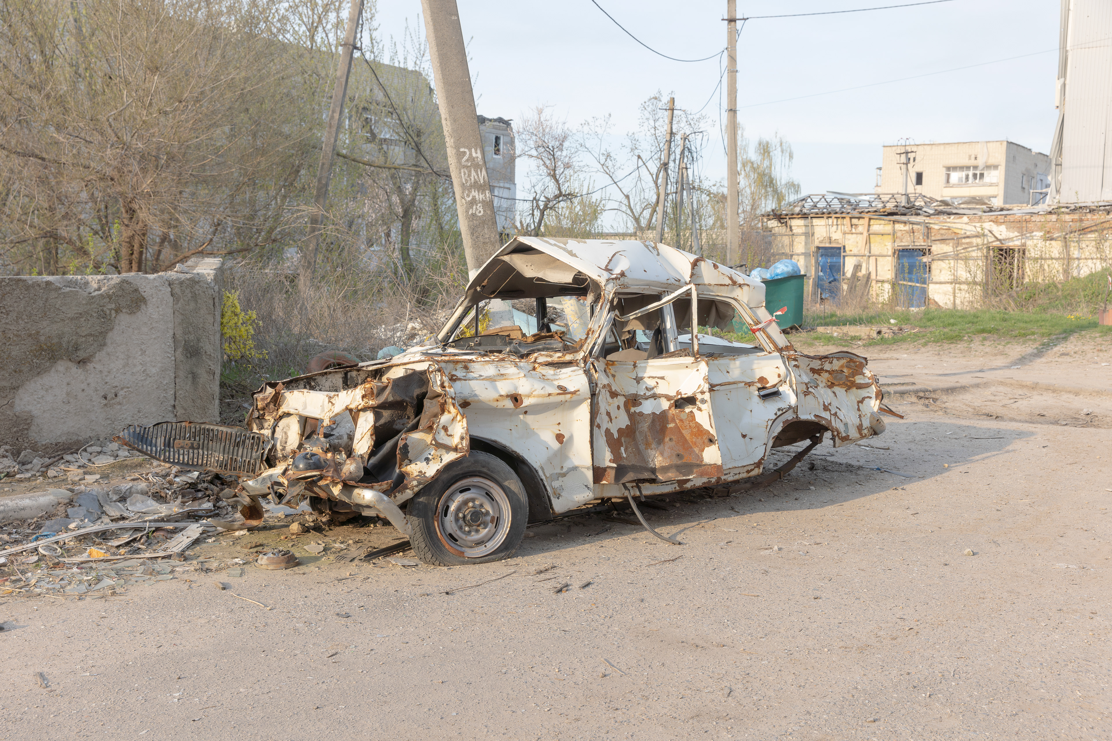 A bullet-riddled car, following the withdrawal of Russian forces from Izium, as the Russia-Ukraine war continues in Kharkiv Oblast, Ukraine. 2023