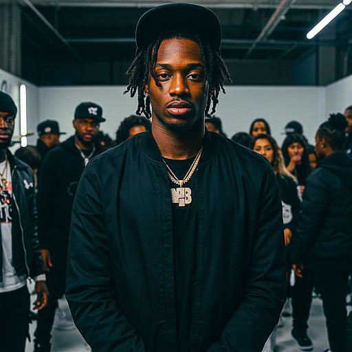 a group of people in what appears to be an indoor setting, possibly a social gathering or event. The central figure is wearing a black jacket, a black shirt, and a black cap. The person is also wearing a gold chain with a pendant that has the letters "MB" on it. The background includes several other individuals, some of whom are also dressed in dark clothing. The setting has a modern, industrial look with visible ceiling beams and bright lighting.