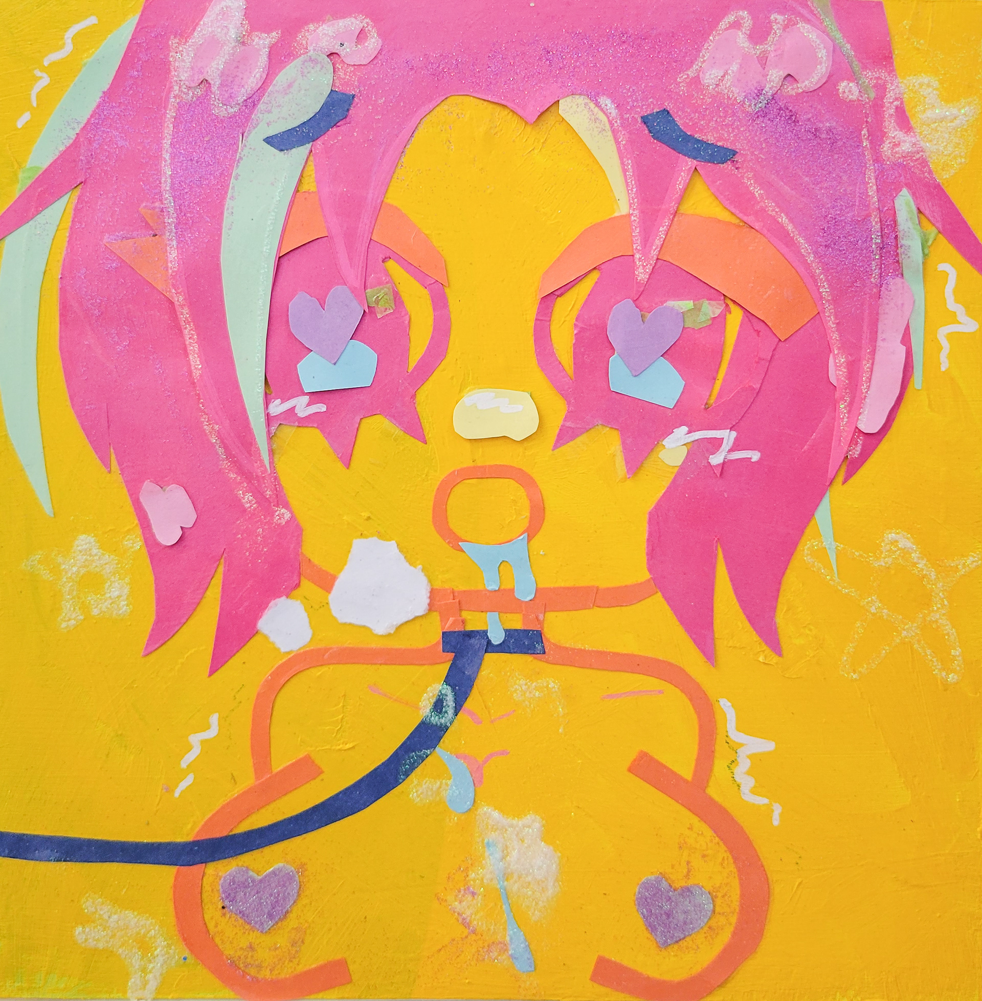 "daddy didn't take me out on a walk yet" | mixed media on wood | 10" x 10" | Thea Lao-An + Khuuwl