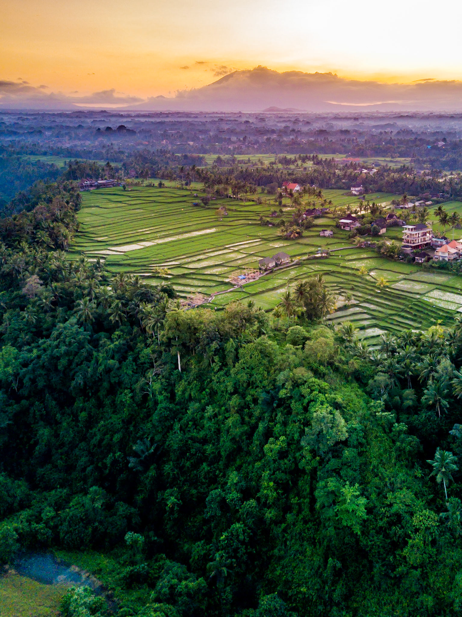 Bali - Sonnenaufgang in Ubud mit Mount Agung am Horizont