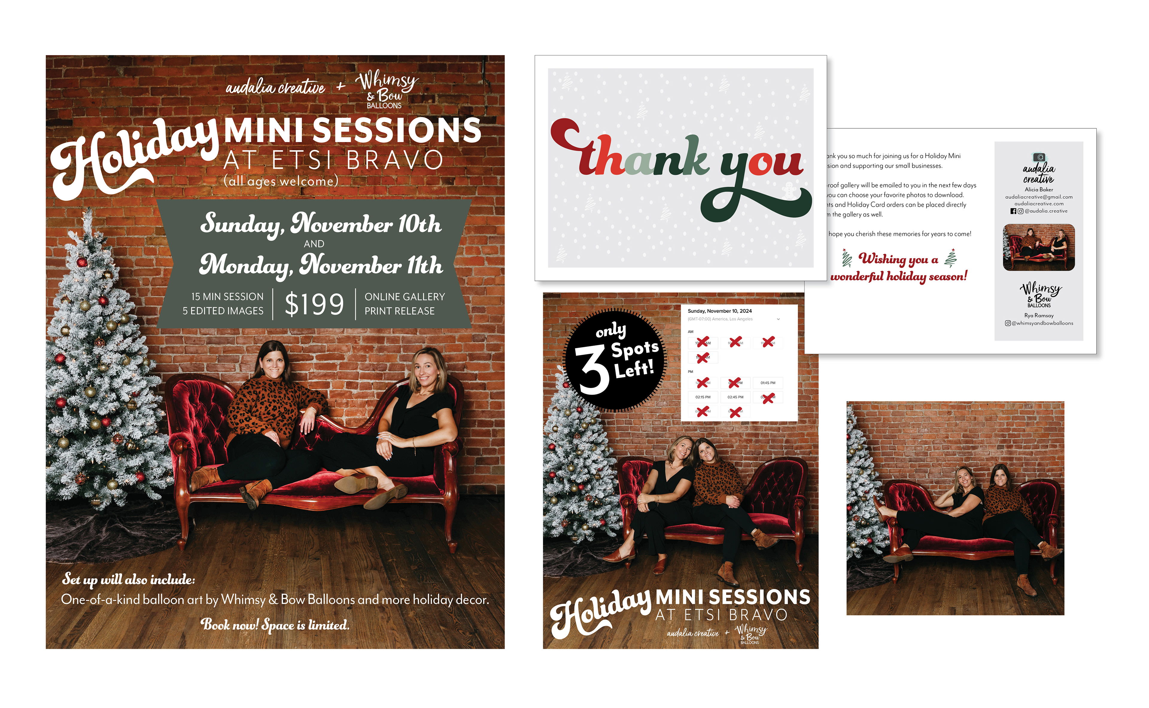 Photography, flyer design, thank you note design and social media posts for Holiday Mini Sessions
