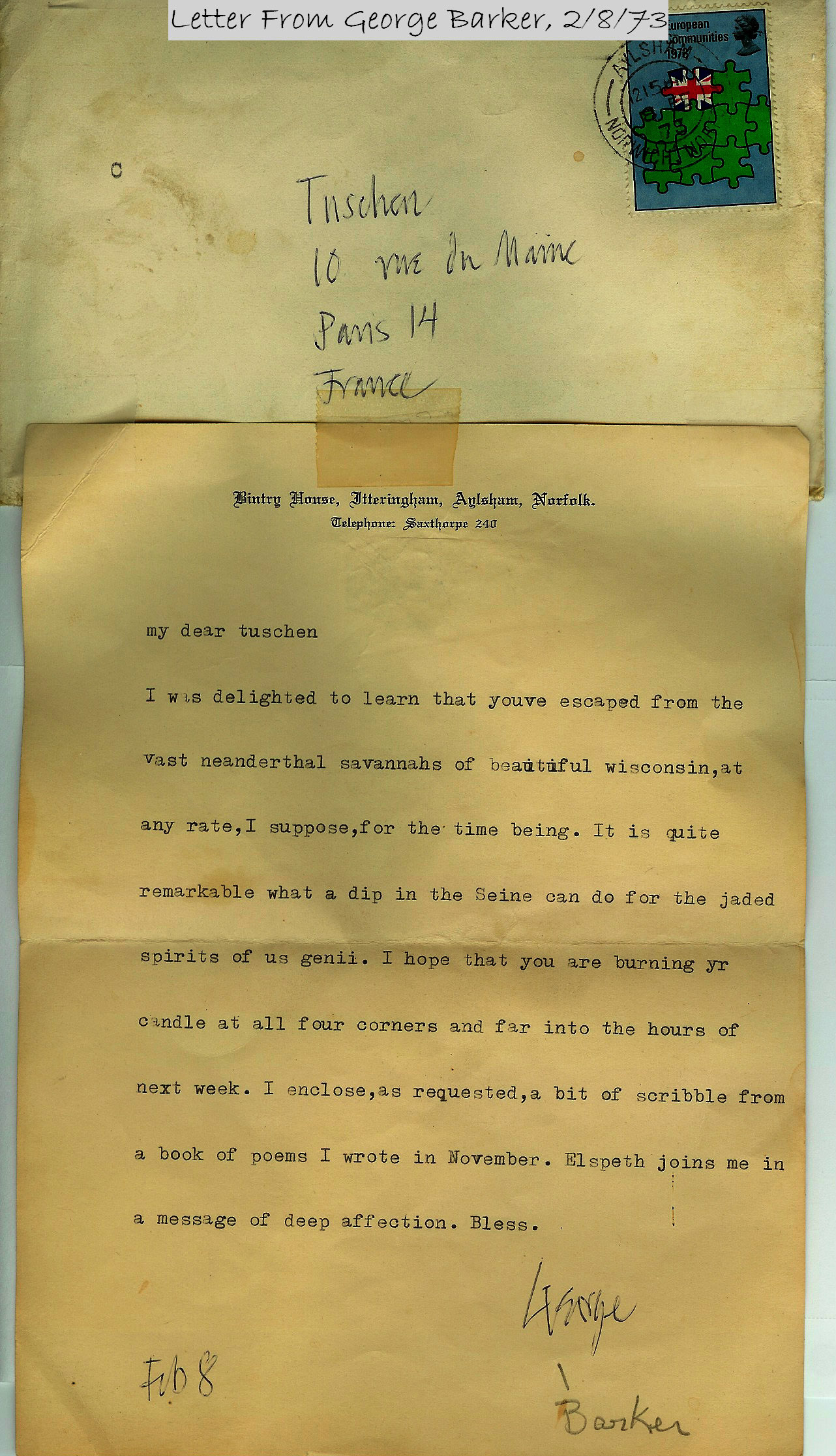 Letter from George Barker