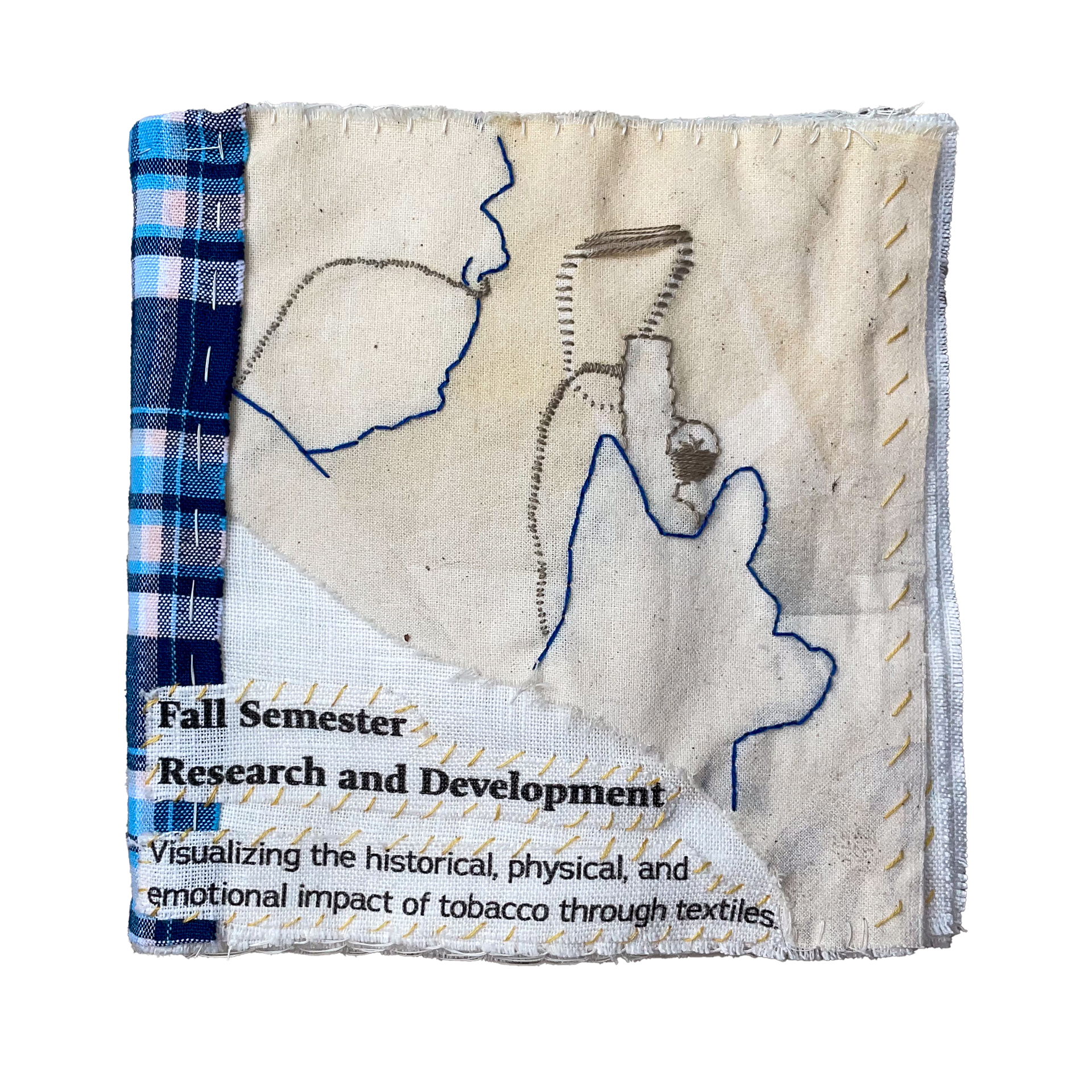 Title Page - cyanotype on muslin with embroidery and grandfather's shirt spine