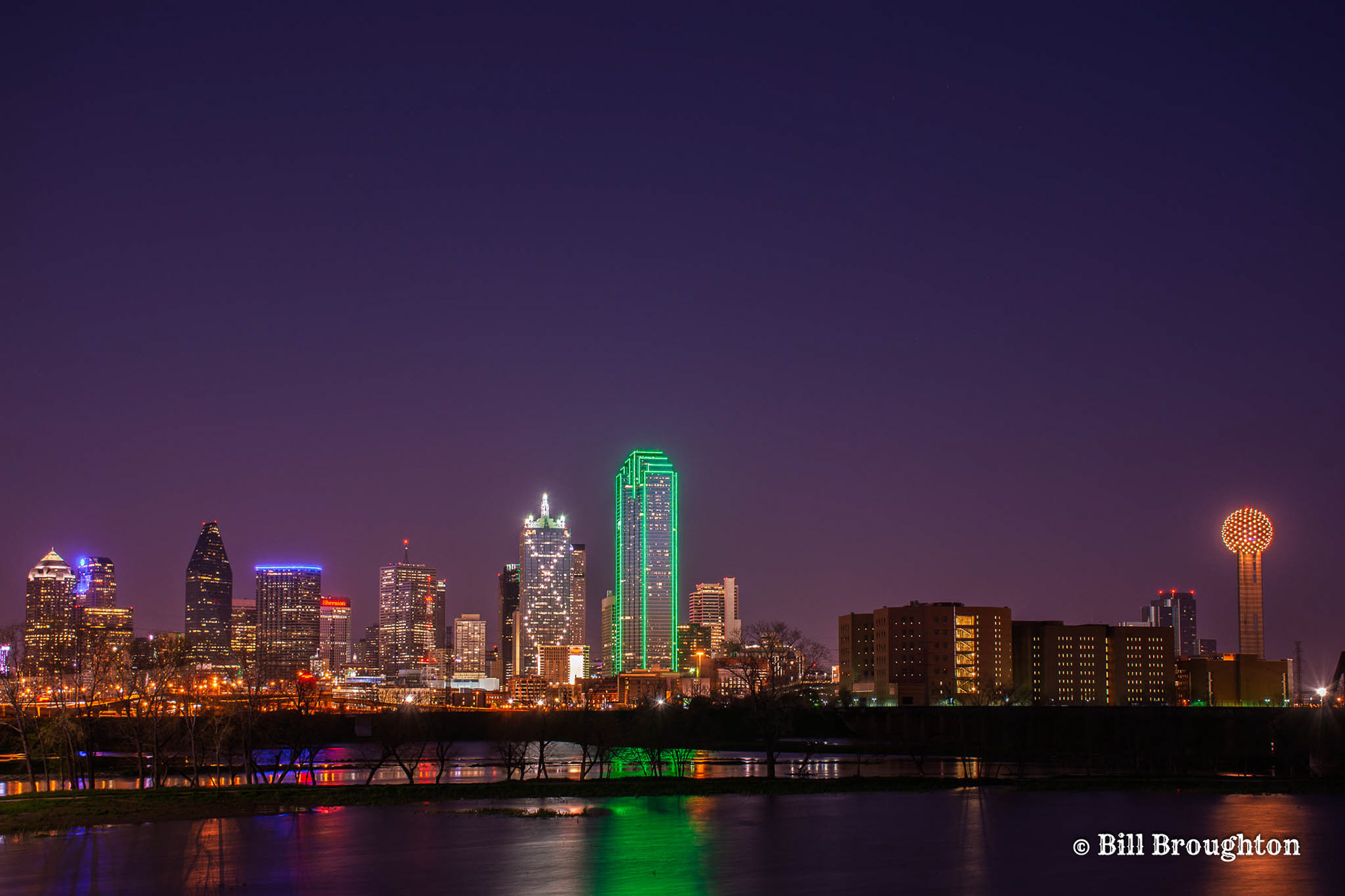 Dallas Night Skyline Behind Flooded Trinity River