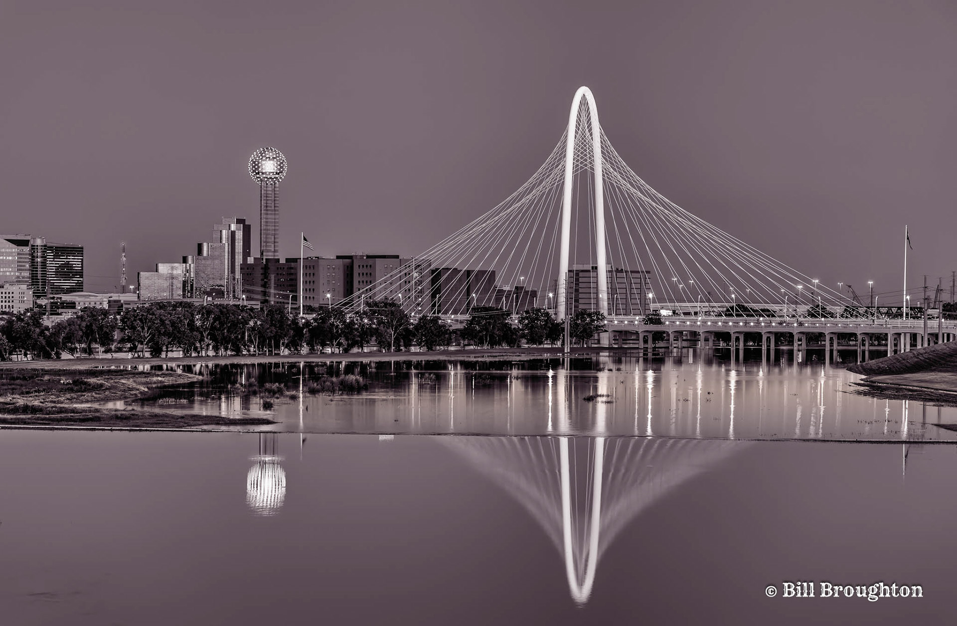 Dallas Evening Skyline Behind Flooded Trinity River